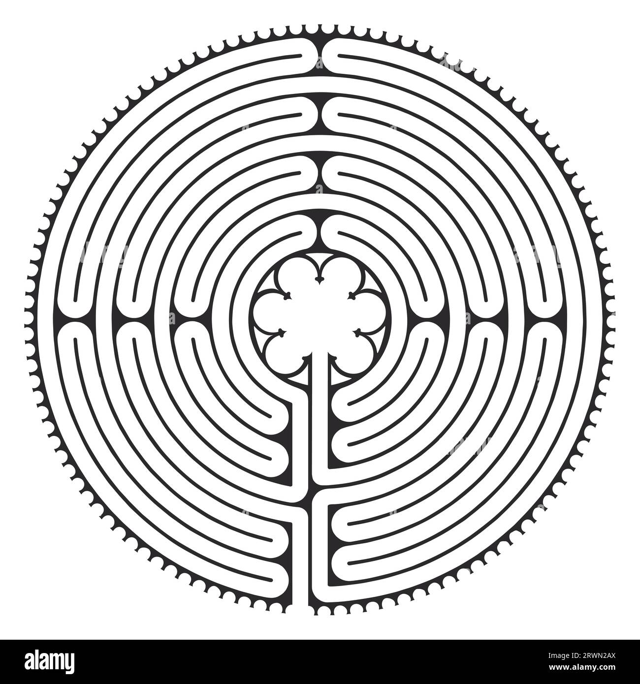 Labyrinth Kathedrale von Chartres Illustration Vektor - Symbolismus Meditationsgeschichte - Blumenmotiv - Heilige Geometrie Schwarz-weiß-Farben Stock Vektor