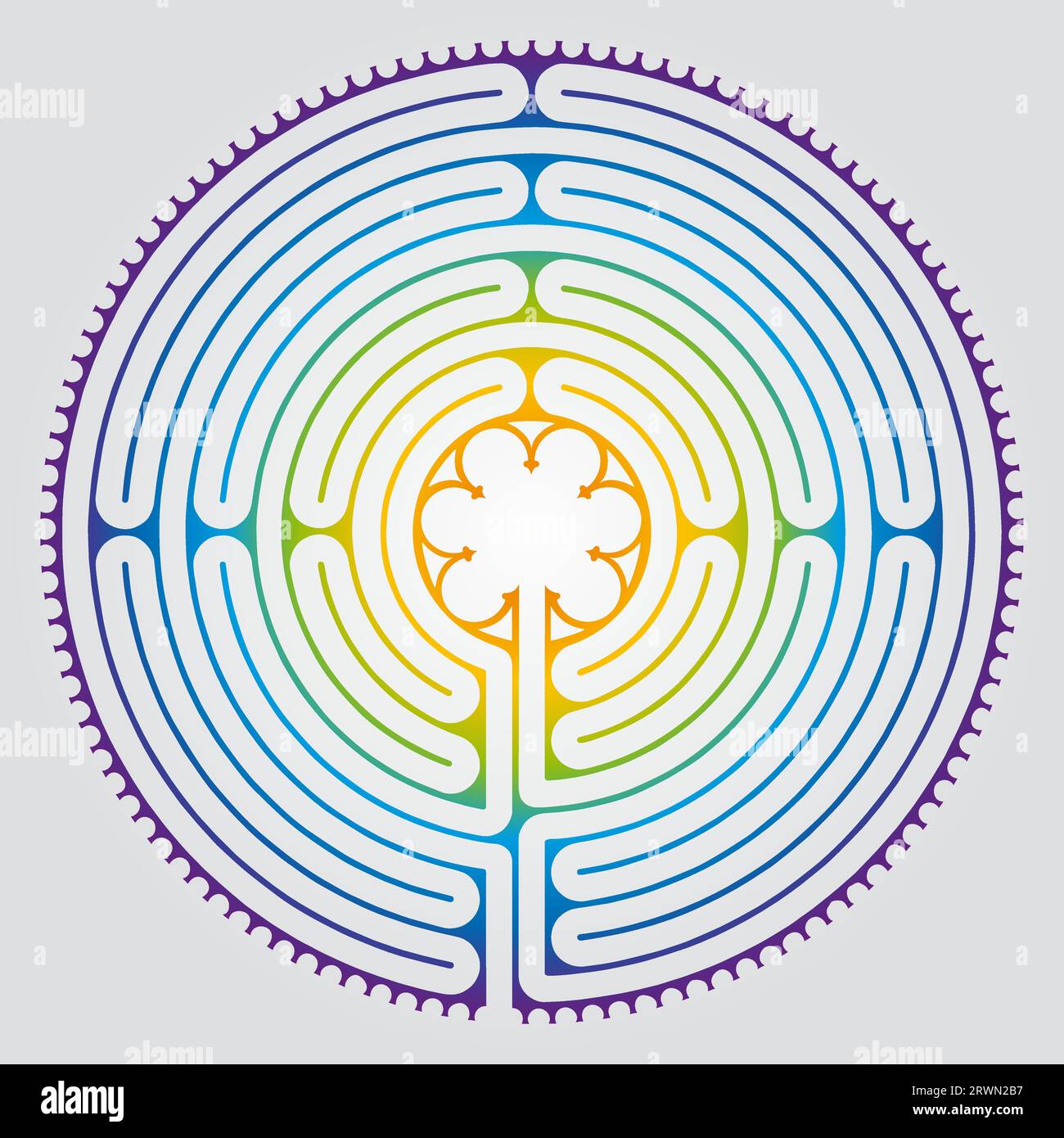 Labyrinth Kathedrale von Chartres Illustration Vektor - Symbolismus Meditationsgeschichte - Blumenmotiv - Heilige Geometrie Regenbogenfarben Stock Vektor