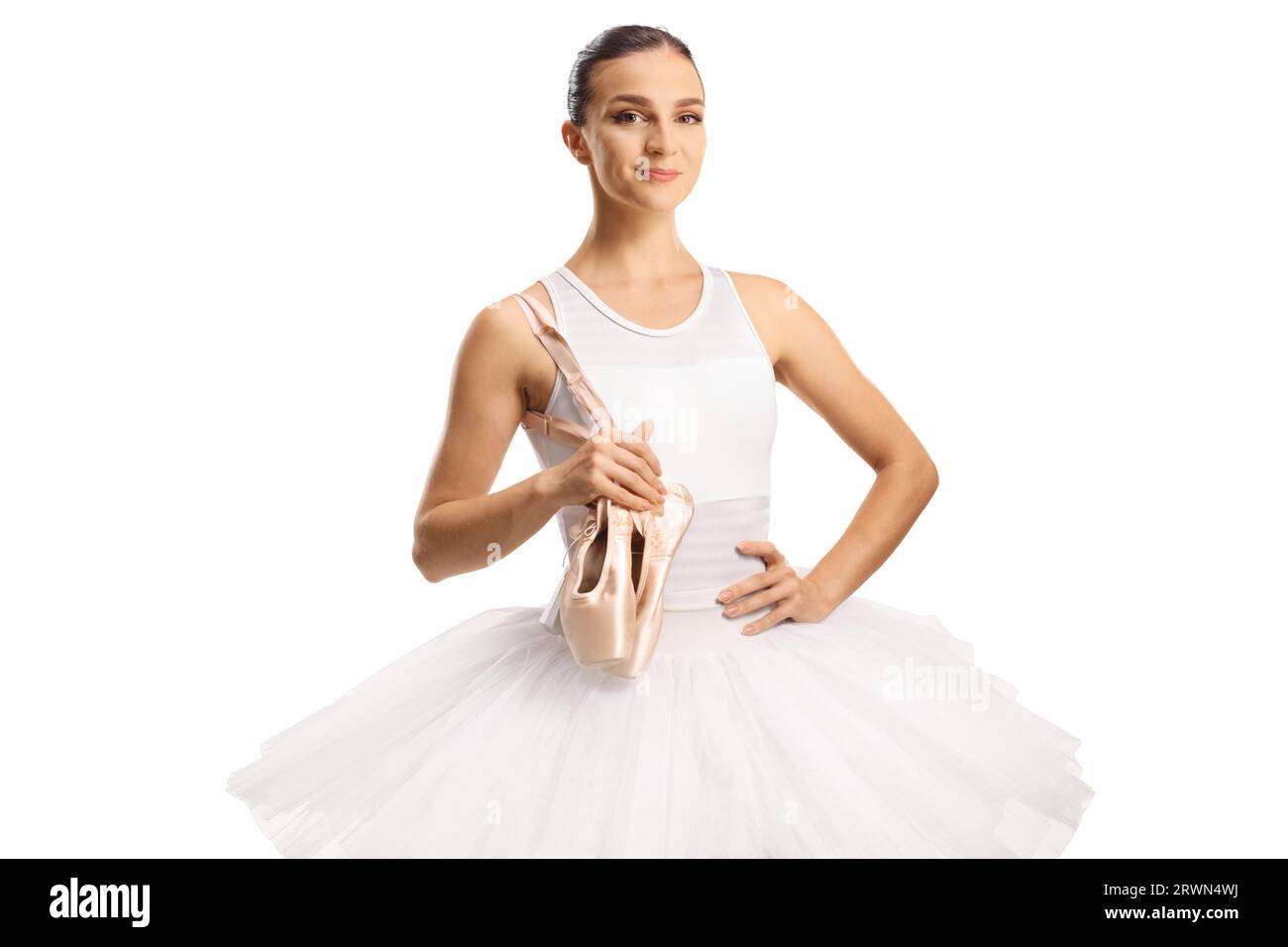 Ballerina trägt Zehenschuhe und lächelt isoliert auf weißem Hintergrund Stockfoto