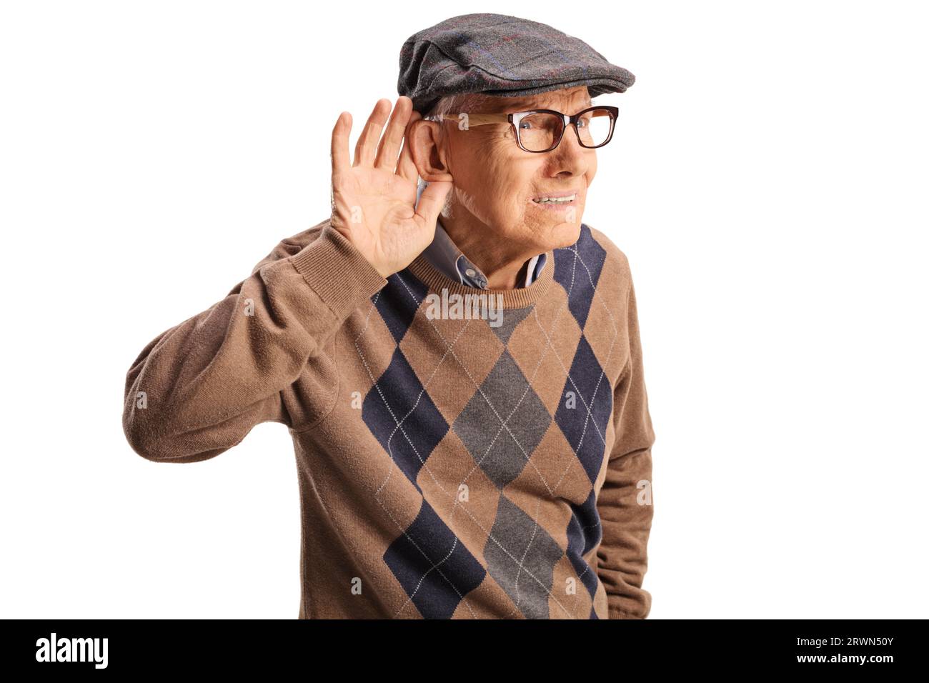 Älterer Mann mit Hörproblem isoliert auf weißem Hintergrund Stockfoto