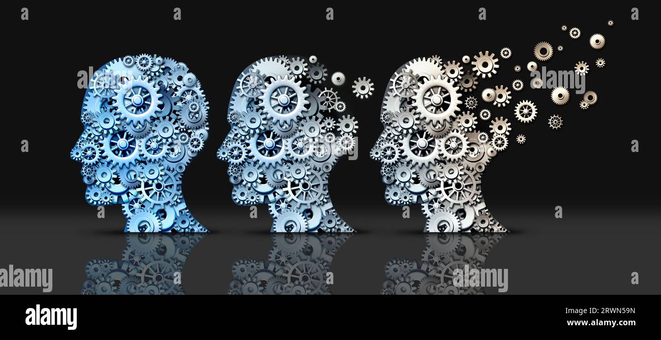 Alzheimer-Demenz neurodegenerative Hirnerkrankung als Gedächtnisverlust und geistig transformierende Neurologie oder mentales Gesundheitskonzept als menschliches Kopfma Stockfoto