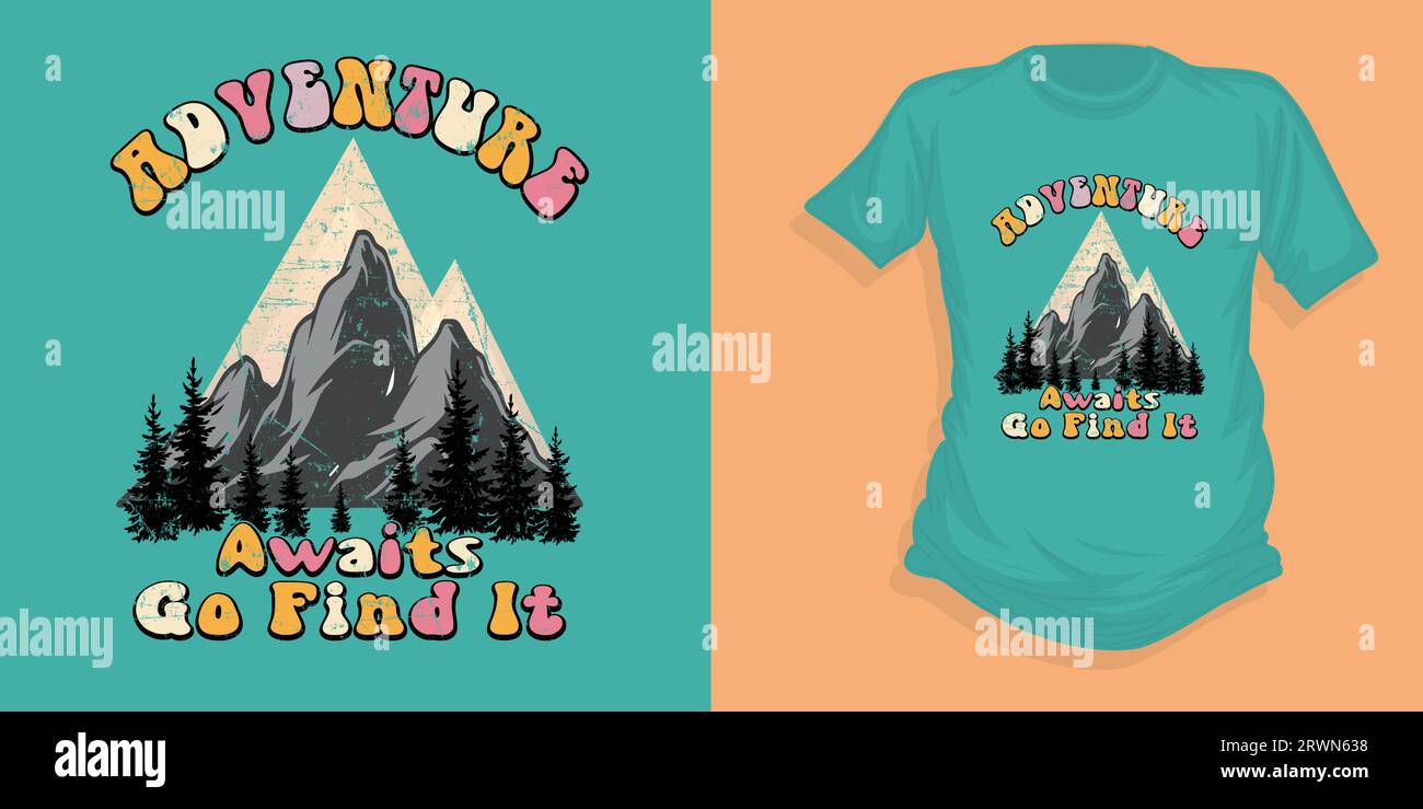 Abenteuer-T-Shirt, Abenteuer wartet auf dich, finde es, Vektordesign Stock Vektor