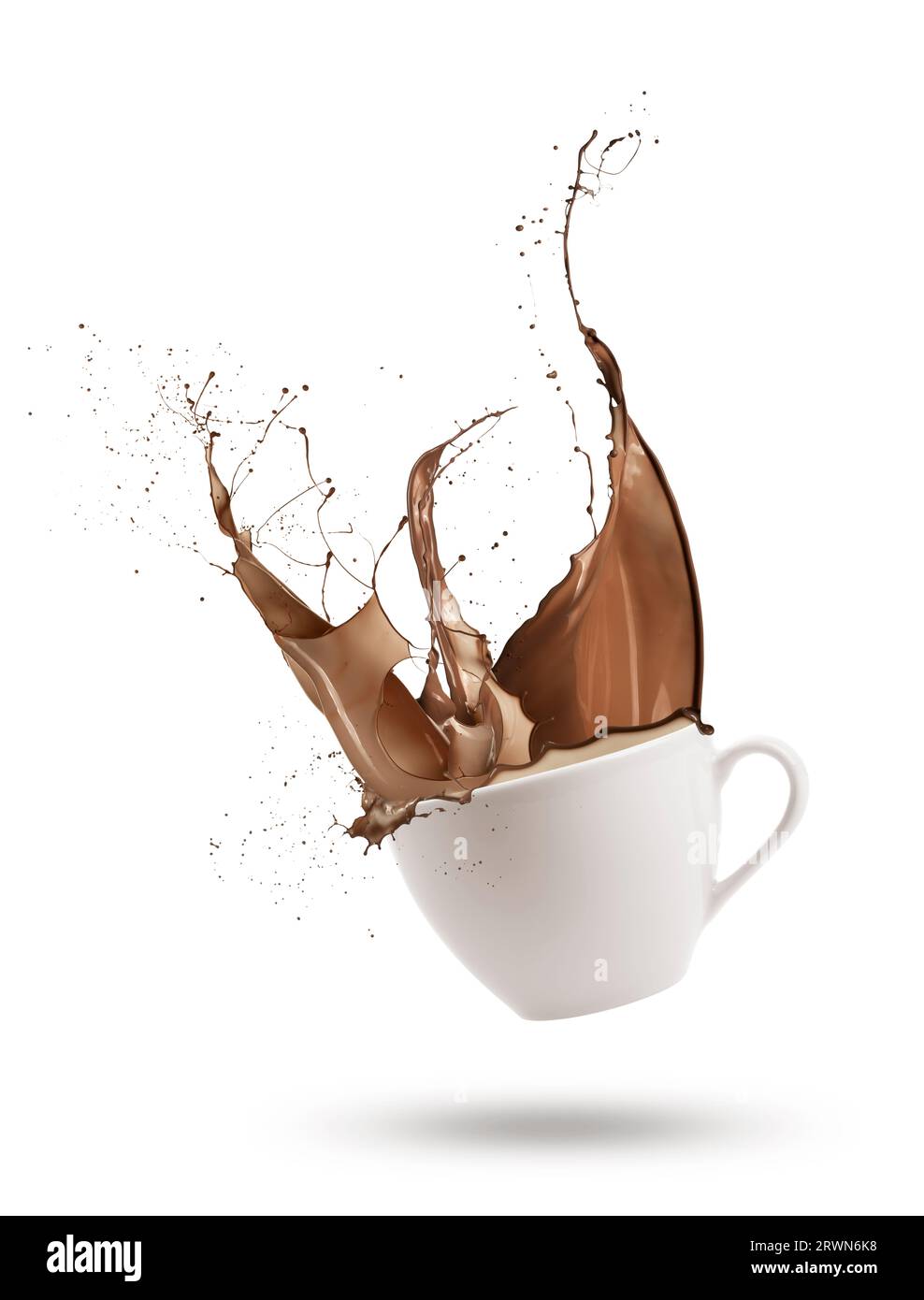 Schokoladenwelle spritzt aus der Tasse, isoliert auf weißem Hintergrund. Stockfoto