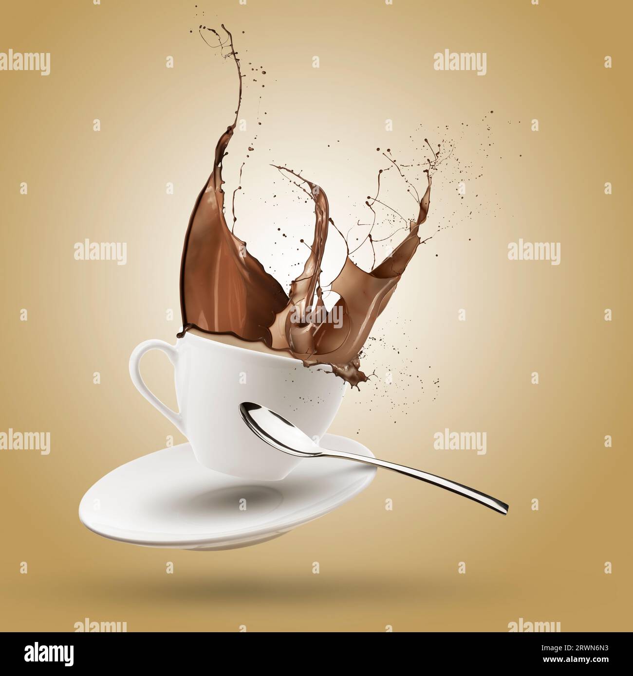 Schokoladenwelle spritzt aus der Tasse auf braunem Hintergrund. Stockfoto
