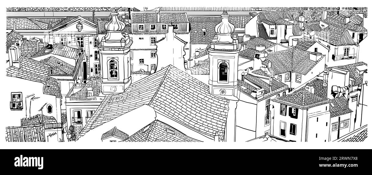 Blick auf Lissabon über den Dächern in Alfama - Vektorillustration (ideal für Druck, Poster, Tapete, Hausdekoration) Stock Vektor