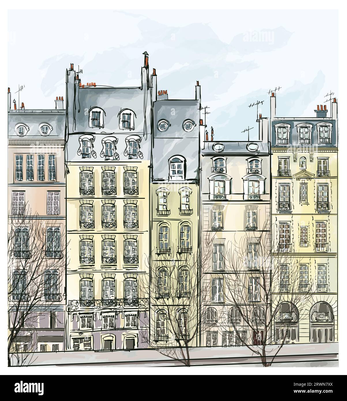 Pariser Gebäude Fassaden im Aquarellmalerstil - Vektor-Illustration (ideal für, drucken; Tapete; Wohnkultur..) Stock Vektor