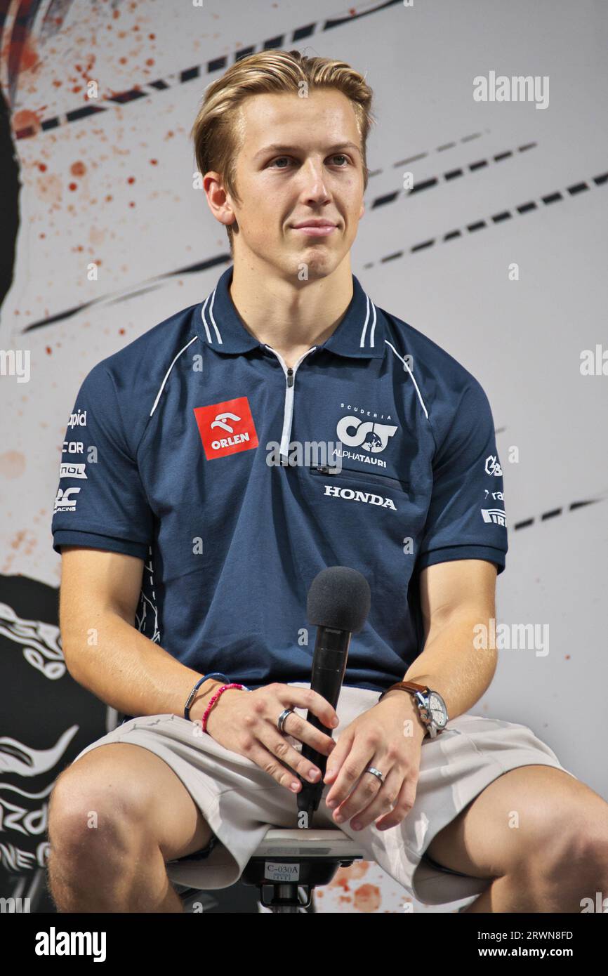 Tokio, Japan. September 2023. F1-Fahrer Liam Lawson nimmt am Mittwoch, den 20. September 2023, an einer Veranstaltung zum F1 Japan Grand Prix „Formel 1 Tokyo Festival 2023“ in Kabuki-cho, Shinjuku in Tokio, Japan Teil. Foto von Keizo Mori/UPI Credit: UPI/Alamy Live News Stockfoto