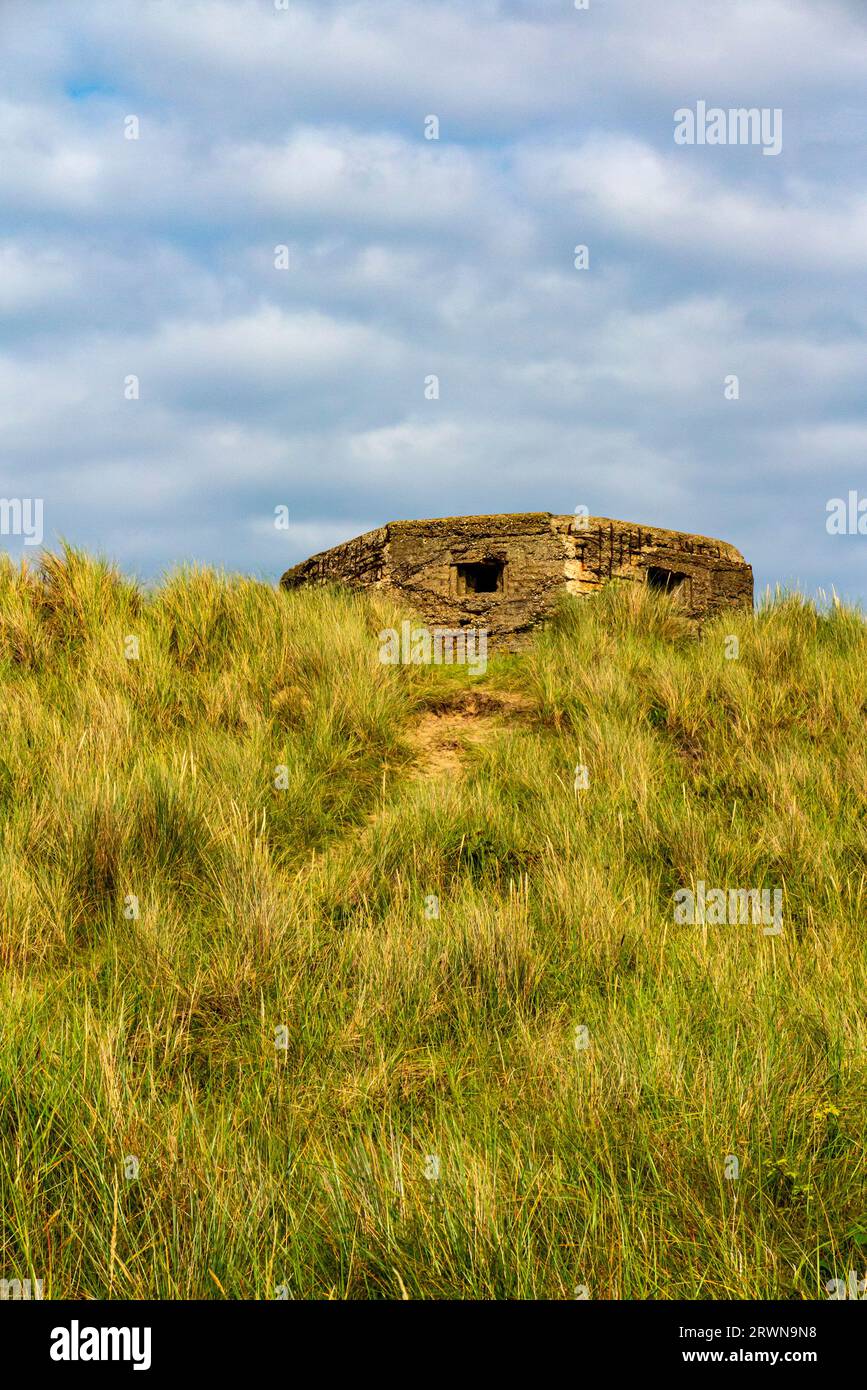 Die Pillenbox aus dem Zweiten Weltkrieg am Horsey Beach Norfolk England England wurde 1940 als Verteidigungsanlage im Rahmen der britischen AntiInvasionsvorbereitungen gebaut. Stockfoto