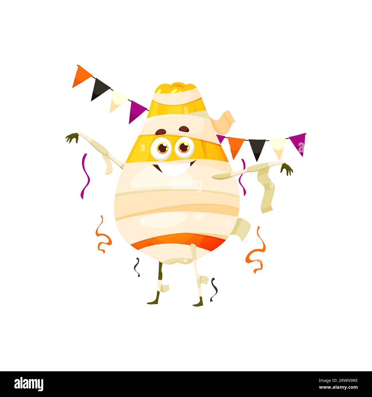 Comic lustige Halloween-Papaya-Frucht-Figur im Weihnachtskostüm der Mumie. Isolierte Vektorkomische tropische Lebensmittelpersönlichkeit verkörpert fruchtigen Humor mit seinem bandageumhüllten Charme und schelmischem Grinsen Stock Vektor
