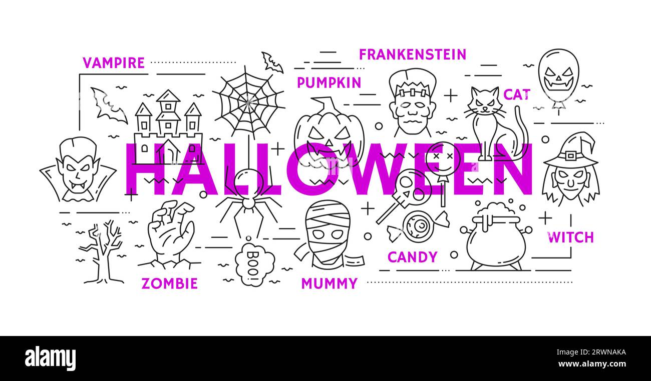 Halloween Line Art Banner mit Weihnachtsfiguren, gruseligen Monstern und Buh-Kreaturen, Vektorhintergrund. Halloween Horror Night Urlaub gruselige Kürbisse, Zombie und Mumie, Hexe mit Vampir und Geistern Stock Vektor