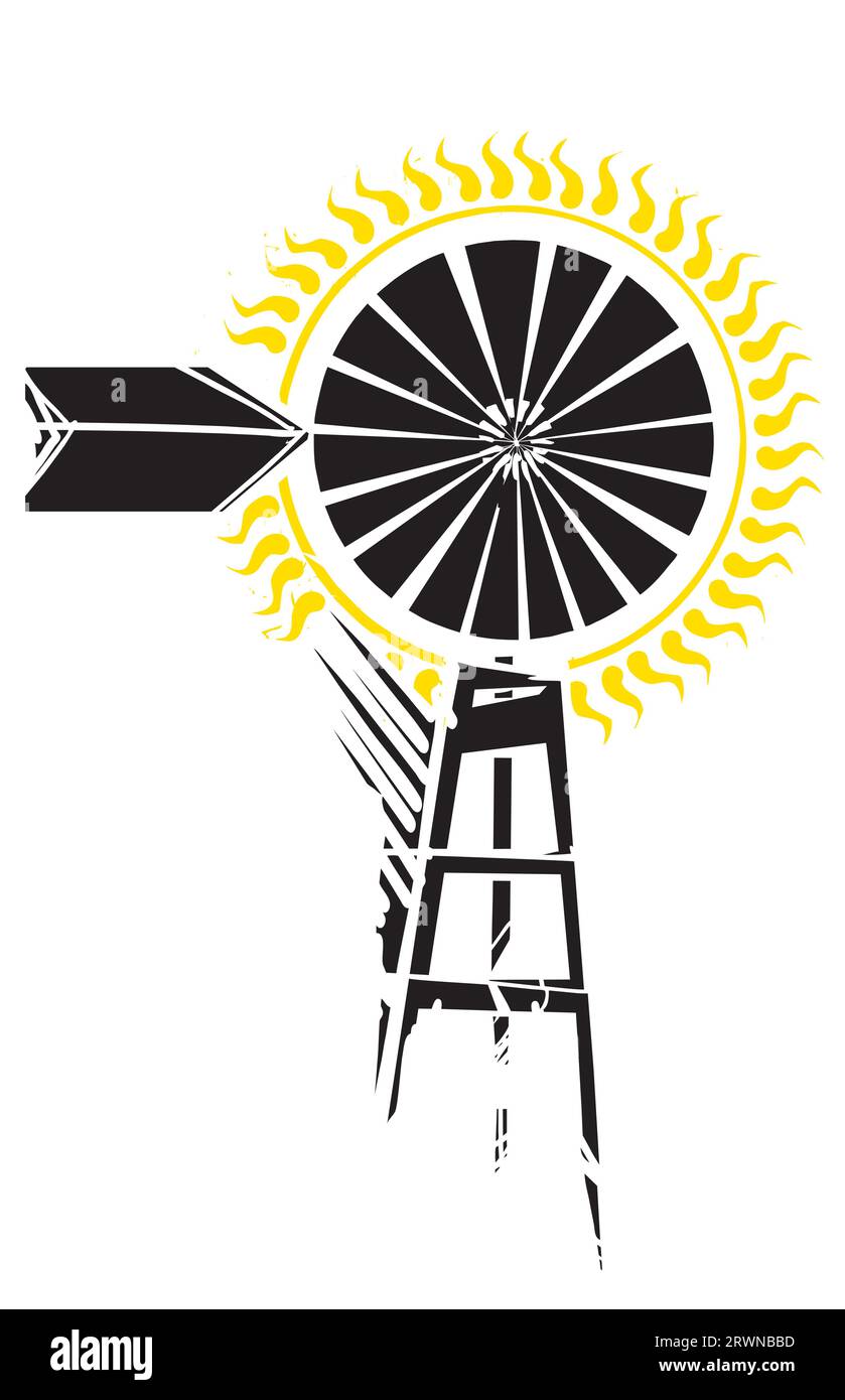 Holzschnitt-Windmühle mit gelben Sonnenstrahlen Stock Vektor
