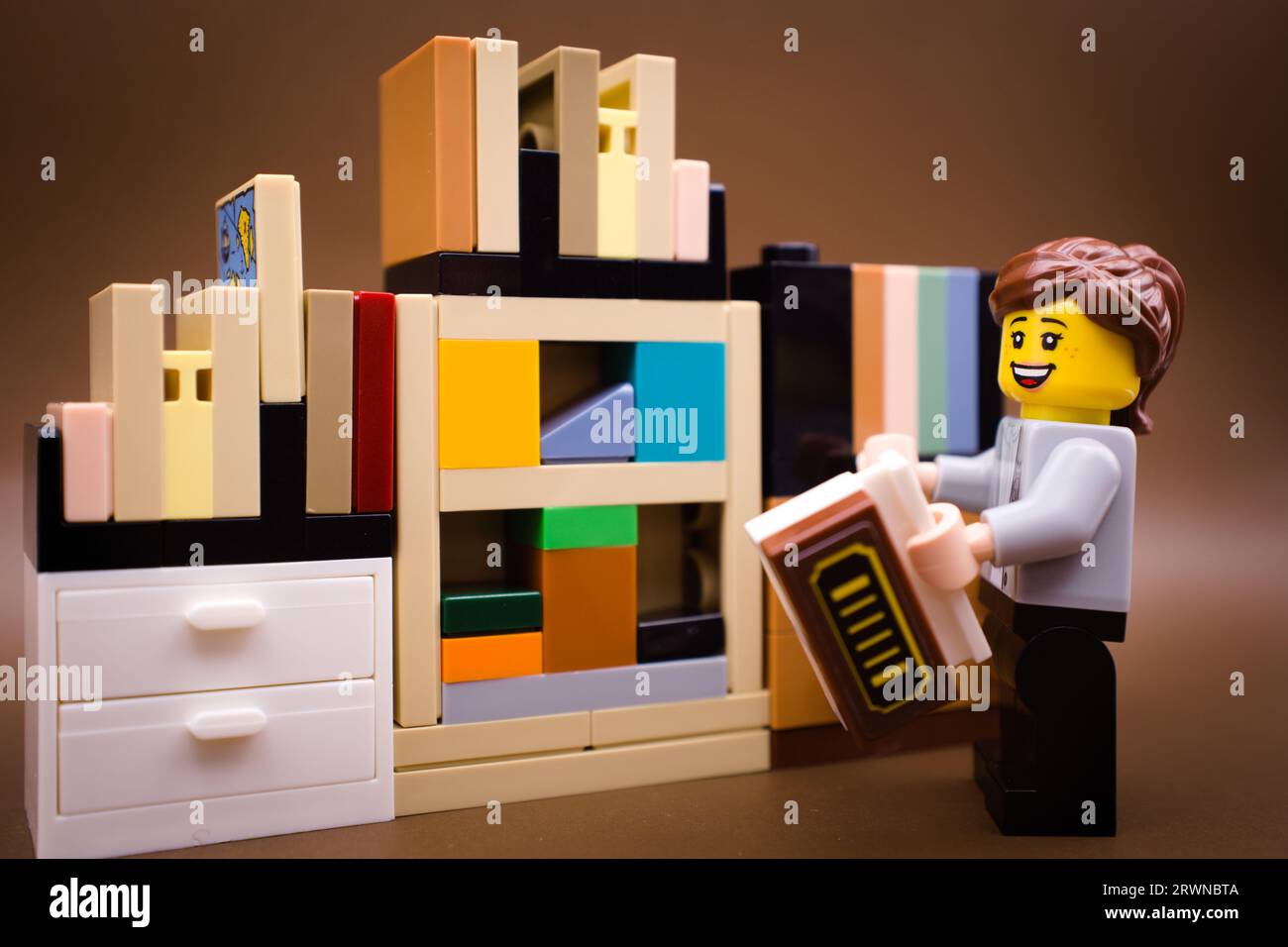 Frau in ihrer kleinen Bibliothek, bereit, ein neues Buch zu lesen Stockfoto