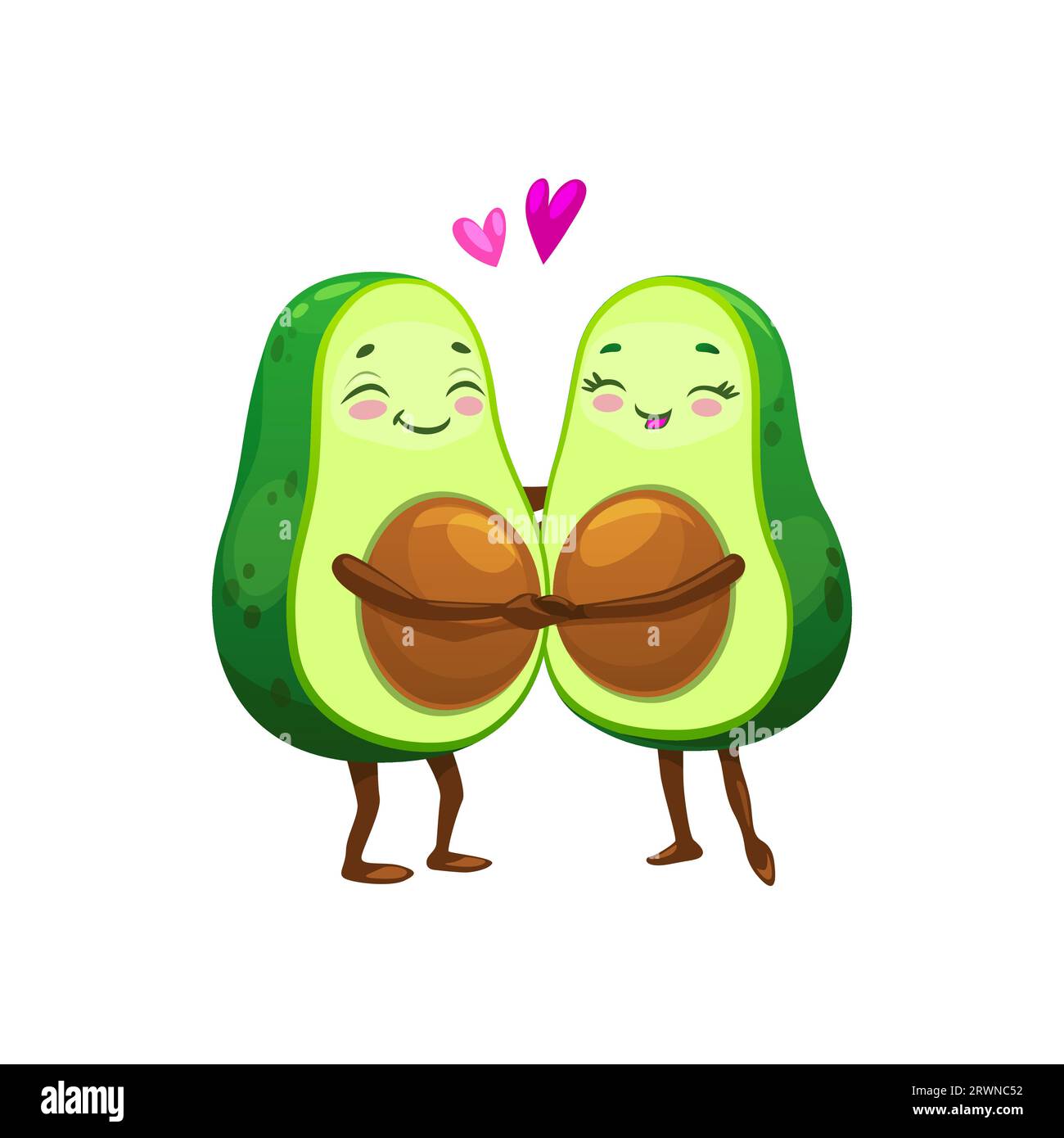 Comic mexikanische Avocado Charakter Paar in Liebe zu Herzen, Vektor Emoji oder Kawaii Emoticon. Fröhliche Avocado-Paare oder Freunde, die sich mit Herzen an den Händen halten, fröhliche Avocado-Food-Persönlichkeiten für Kinder Stock Vektor