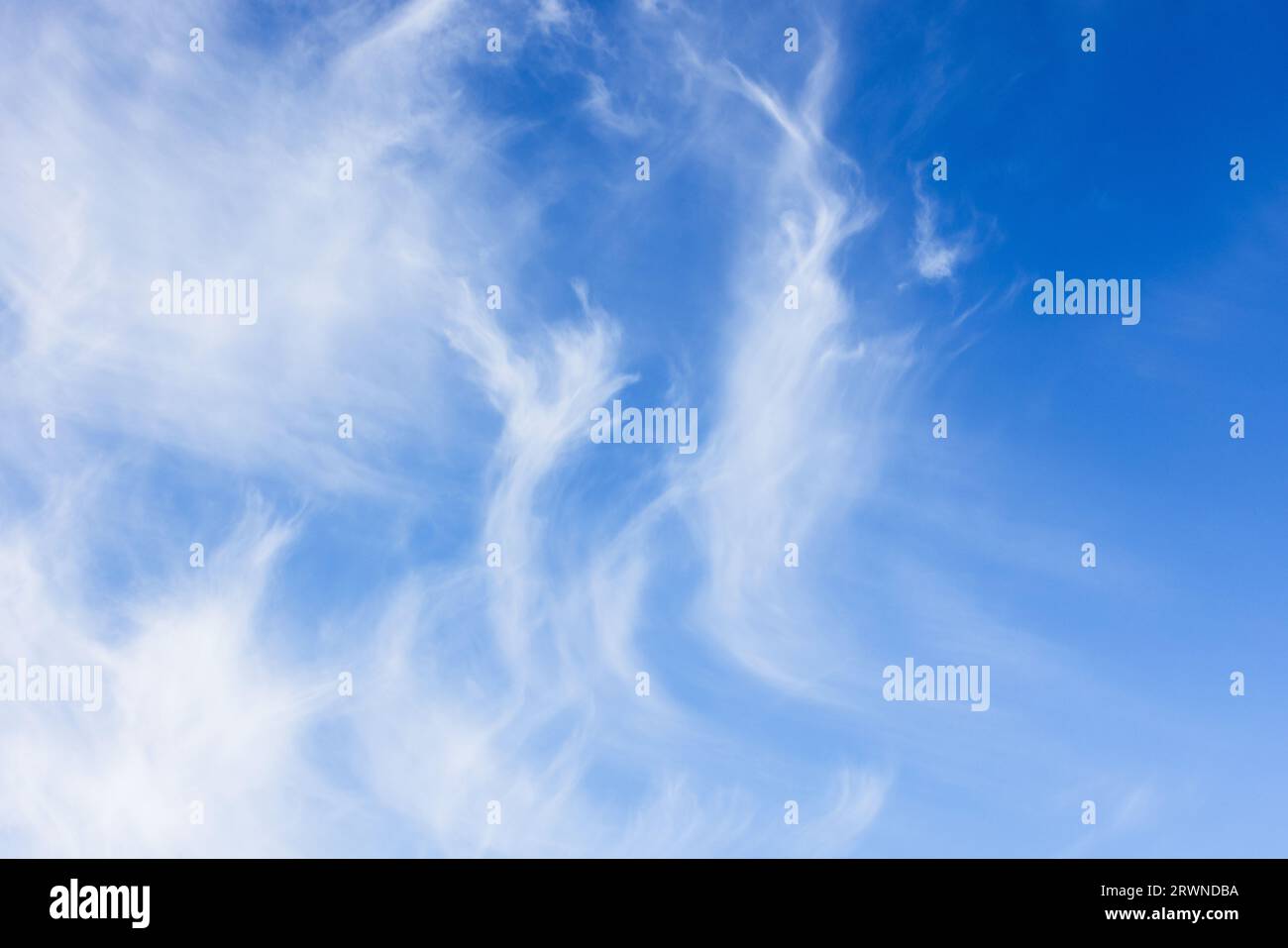 Blauer Himmel mit weißen Zirruswolken an einem windigen, sonnigen Tag. Natürliches Hintergrundfoto Stockfoto