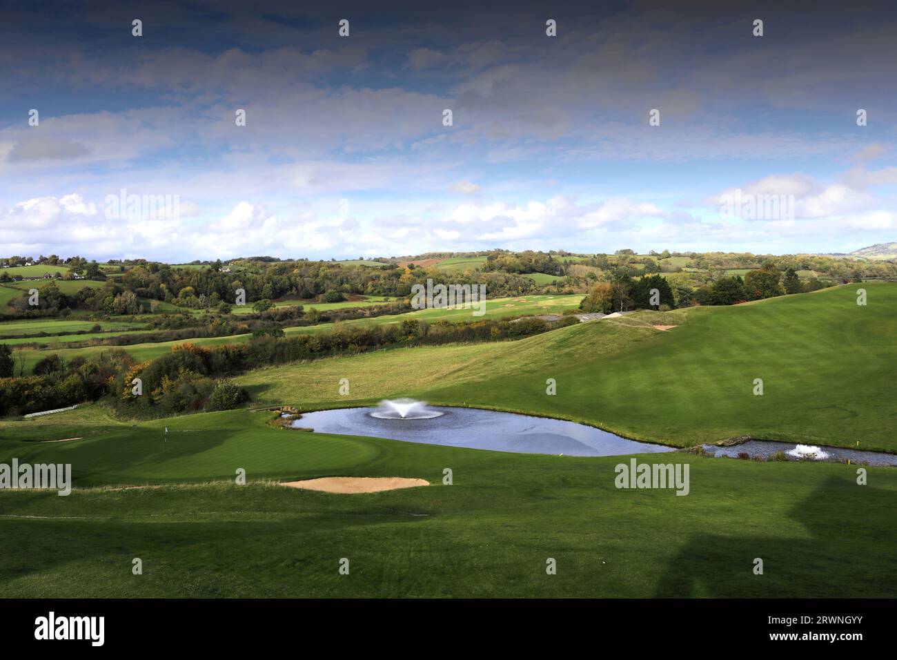 Das 18. Green des Twenty Ten Course, Celtic Manor Golf and Hotel Resort Complex in der Nähe von Newport Town, Wales, UK Stockfoto