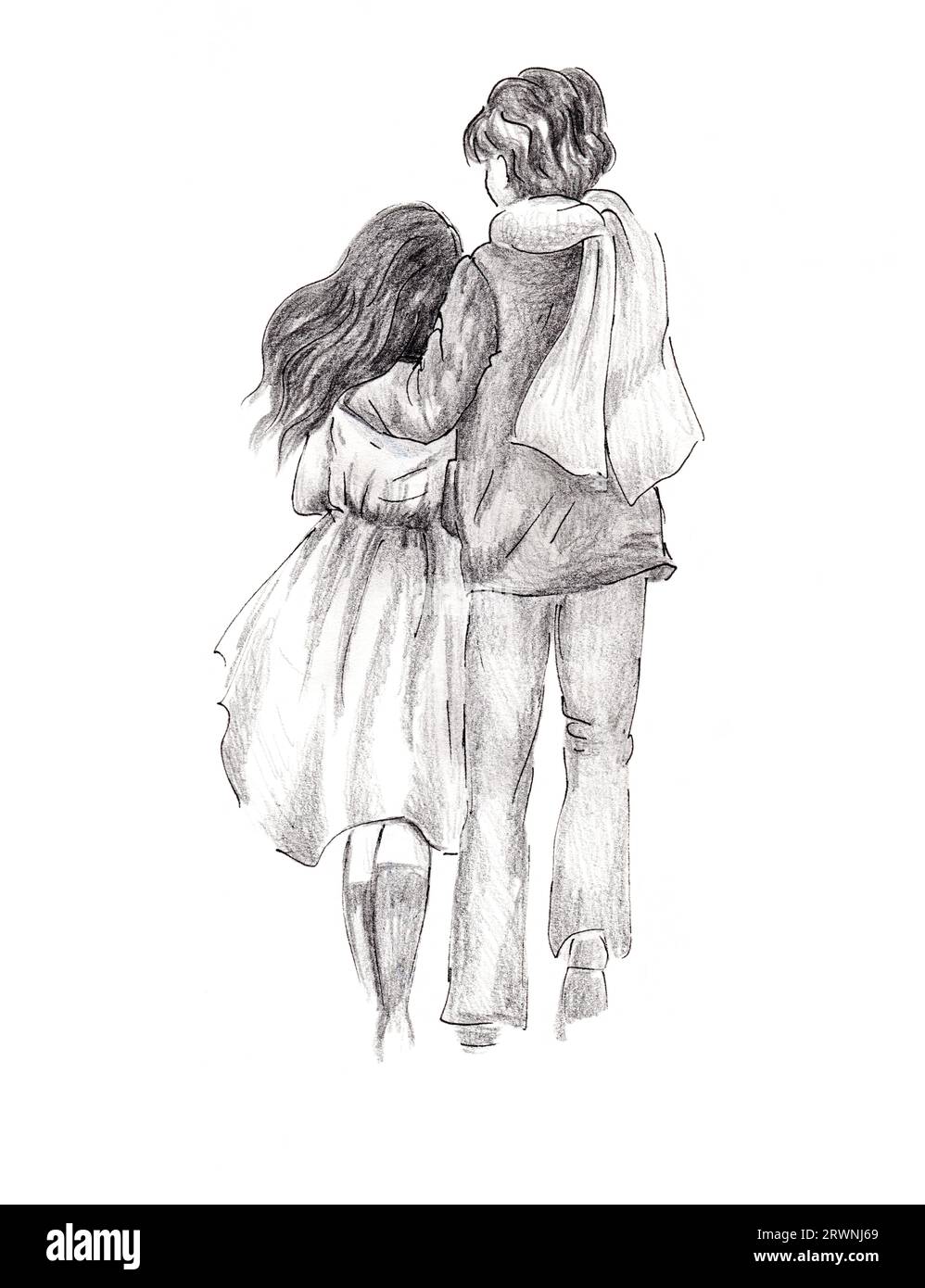 Freihändige Illustration auf Papier eines wandelnden Liebespaares Stockfoto