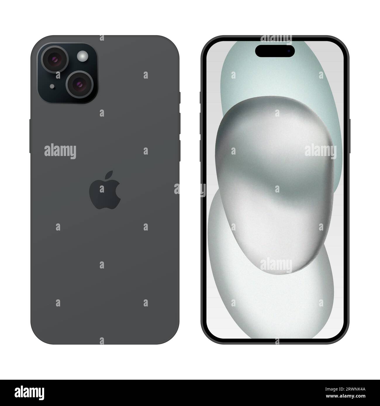 Apple iPhone 15 Plus Schwarz. Mockup-Telefon auf der Vorderseite und iphone auf der Rückseite. Redaktioneller Vektor isoliert auf weißem Hintergrund Stock Vektor