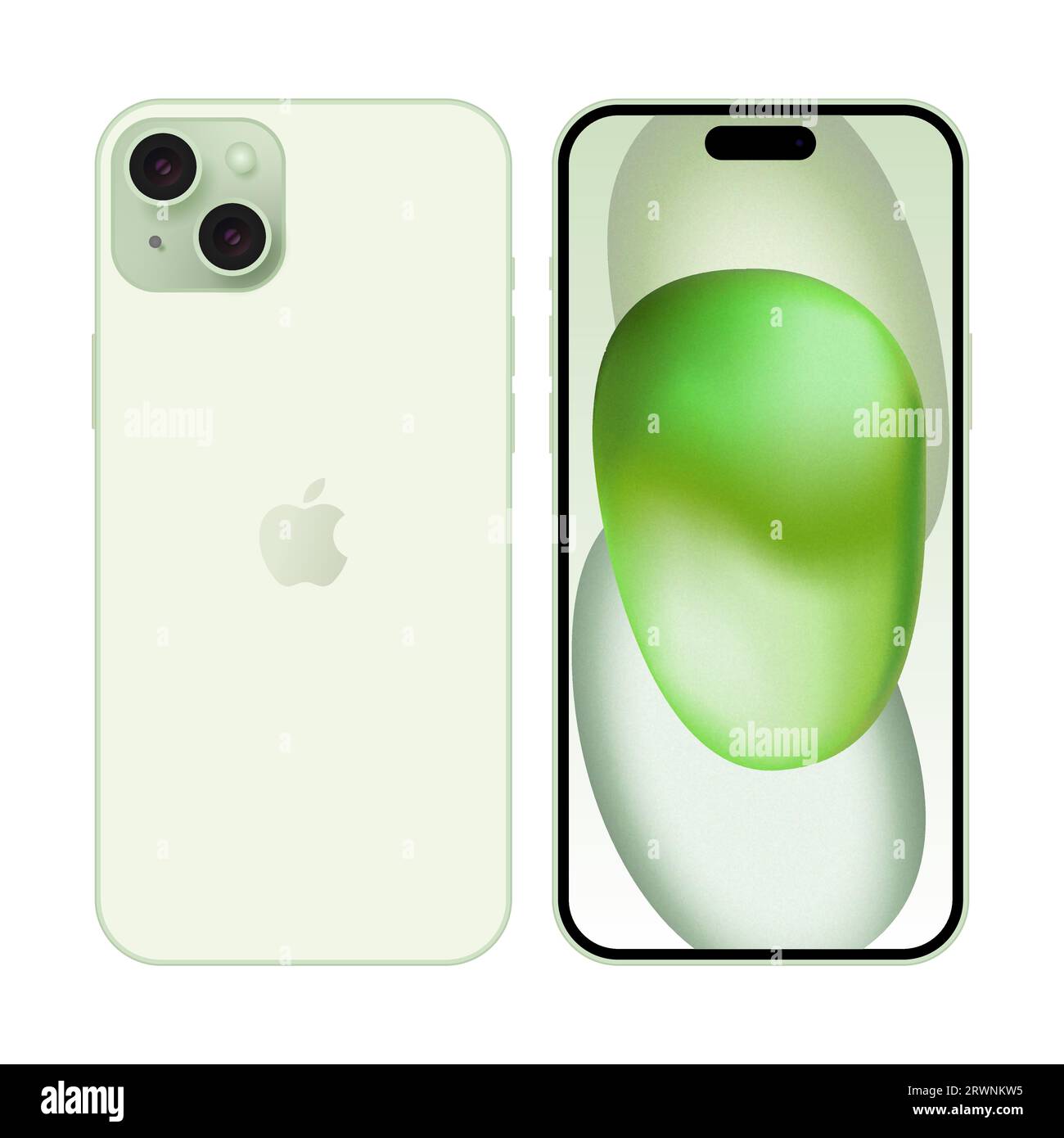 Apple iPhone 15 Plus Grün. Mockup-Telefon auf der Vorderseite und iphone auf der Rückseite. Redaktioneller Vektor isoliert auf weißem Hintergrund Stock Vektor