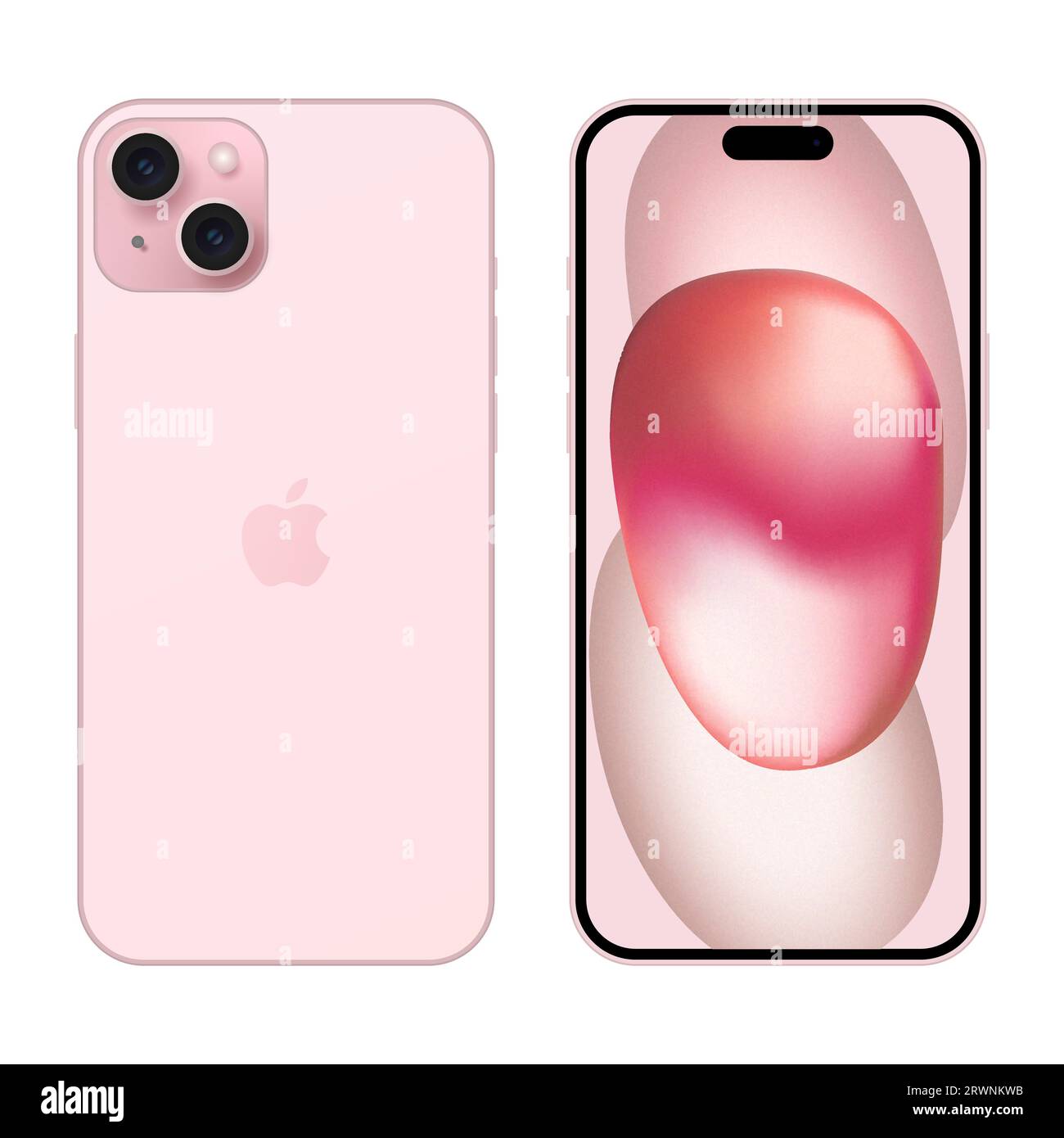 Apple iPhone 15 Plus Pink. Mockup-Telefon auf der Vorderseite und iphone auf der Rückseite. Redaktioneller Vektor isoliert auf weißem Hintergrund Stock Vektor