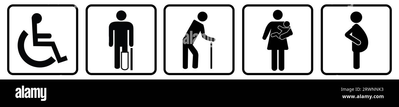 Stock Vector Priority Seat, Disable, Passenger Alte, Passagier, Schwangere, alter Mann, Frau mit Kind Stockfoto