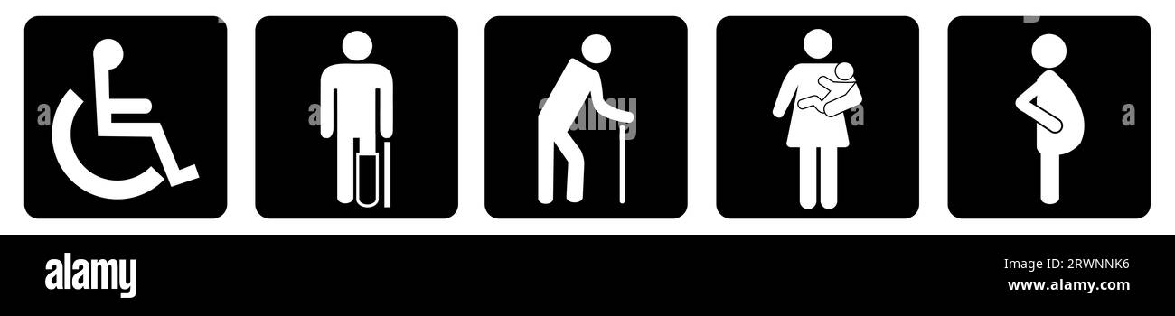 Lagervektorpriorität, Behinderte, ältere Passagiere, Passagiere, Schwangere, Alter Mann, Frau mit Kindersymbolen auf schwarzem Hintergrund Stockfoto