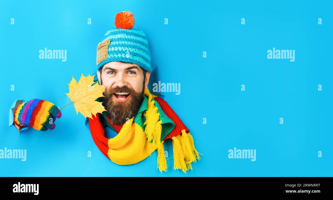 Lächelnder bärtiger Mann in farbenfroher Strickmütze, Schal und Handschuhen, der durch ein Papierloch schaut. Gutaussehender Typ in warmer Kleidung mit gelbem Ahornblatt. Winter Stockfoto