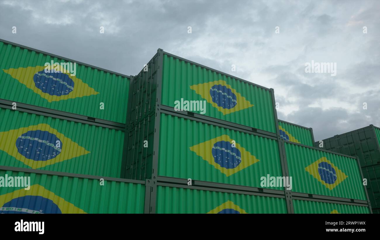 Container mit brasilianischer Flagge befinden sich am Containerterminal. Export- oder Importkonzept für Brasilien. 3D-Abbildung Stockfoto