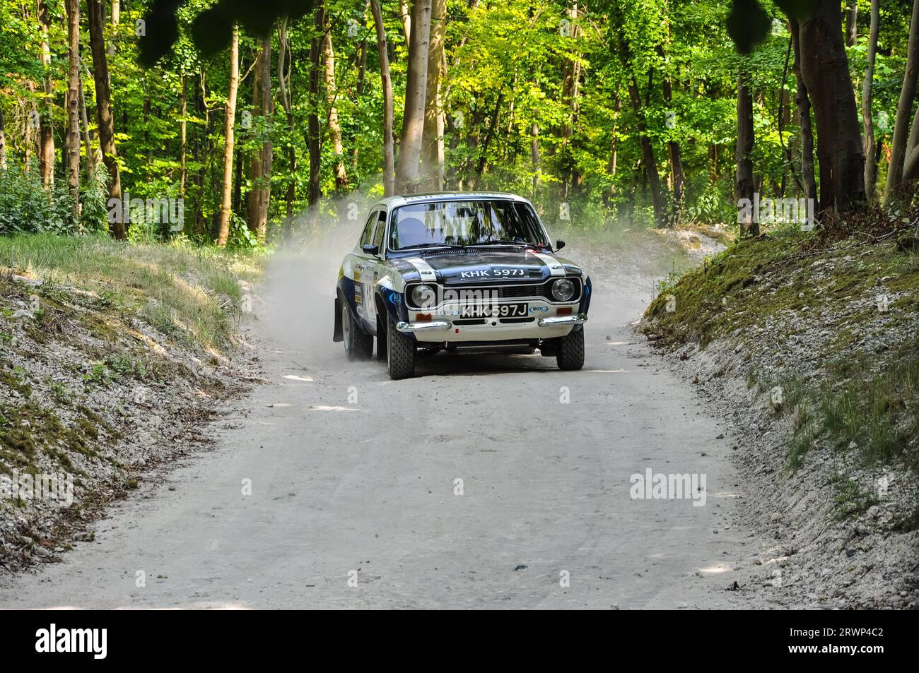 Classic Ford Escort RS1600 Mk1 Rallye-Autorennen auf der Rallye-Bühne beim Goodwood Festival of Speed 2013. Historische Rallye durch die Waldbühne Stockfoto