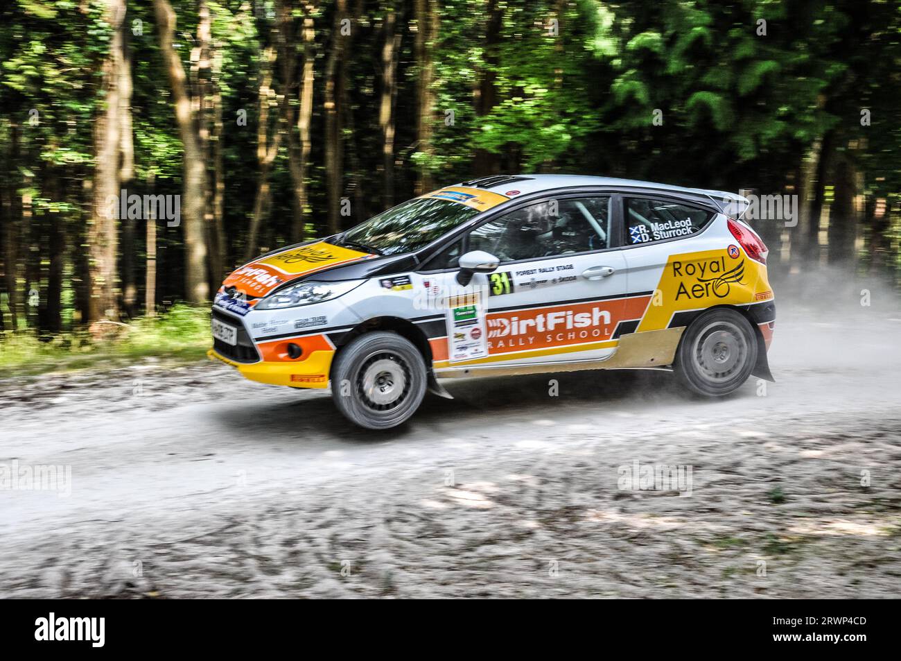 Ford Fiesta R2 Rallye-Autorennen auf der speziellen Waldbühne beim Motorsport-Event Goodwood Festival of Speed 2013. Schnelles Springen von Bewegungsunschärfen Stockfoto