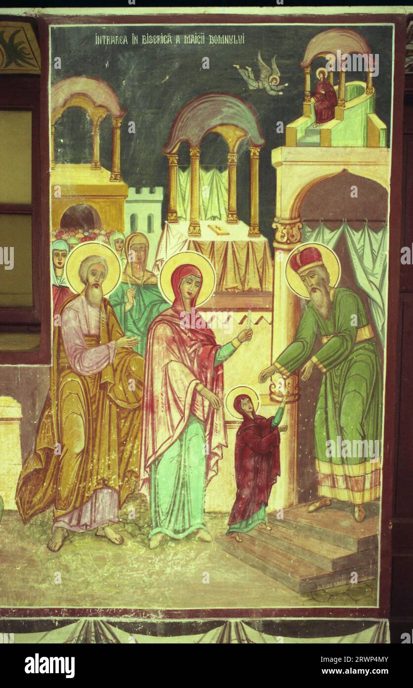 Kloster Caldarusani, Kreis Ilfov, Rumänien, ca. 2000. Fresko, das den Eintritt des Allerheiligsten Theotokos in den Tempel darstellt. Stockfoto