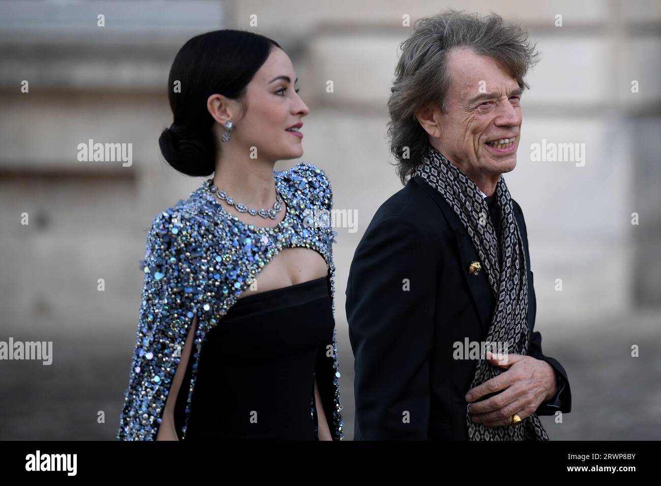 Melanie Hamrick und Mick Jagger besuchen das Staatsbankett im Schloss von Versailles, Paris, während des Staatsbesuchs in Frankreich. Bilddatum: Mittwoch, 20. September 2023. Stockfoto