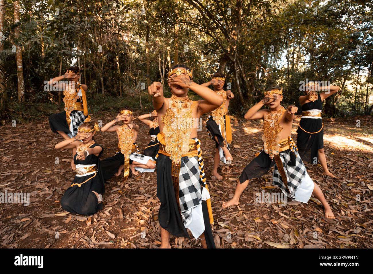 Balinesische Tänzer mit goldenen Kostümen und gestreiften Hosen tanzen zusammen mit den toten braunen Blättern im Hof im Dschungel Stockfoto
