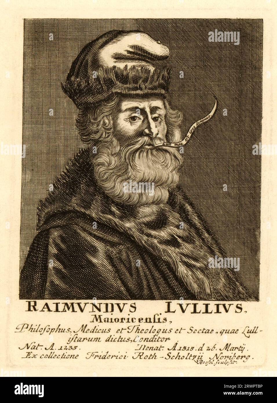 1300 CA , SPANIEN : Portrait des Physikers , Alchemisten , Philosophen , Schriftstellers , Astronomen und katholischen Theologen RAIMUNDUS LULLUS ( Ramon Llull - Raimondo LULLO ) ( 1232 - 1316 ) . 1850 von Papst Pius IX . ( Pio ) seliggesprochen . Kupferstich von Pius Rösel von Rosenlof ( 1623 - 1722 ). - FOTO STORICHE - HISTORY - SCIENZIATO - SCIENTIST - PORTRAIT - RITRATTO - SPAGNA - SELIGEN - ASTRONOMO - ASTRONOMIA - ASTRONOMIE - ALCHIMISTA - ALCHIMIA - ALCHEMIST - ALCHEMIE - DOTTORE - MEDICO - MEDICINA - MEDIZIN - SCIENZA - SCIENCE - PHILOSOPHIE - FILOSOFO - FILOSOFA - FILOSOFIA - SCRITTORE - LITERATUR - LETTERA Stockfoto