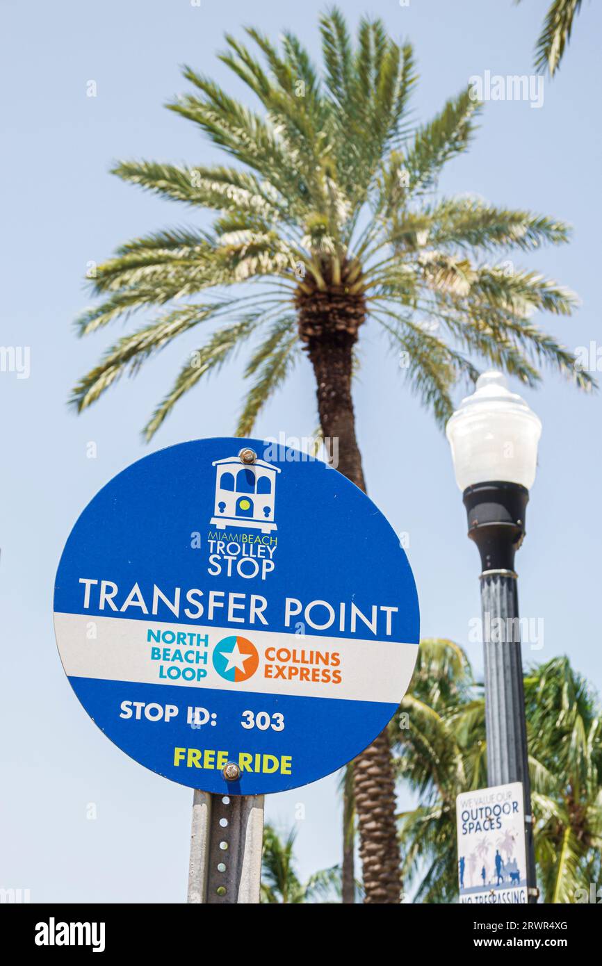 Miami Beach Florida, Trolley-Haltestelle, Schild mit kostenlosem Transferpunkt, öffentliche Verkehrsmittel Stockfoto