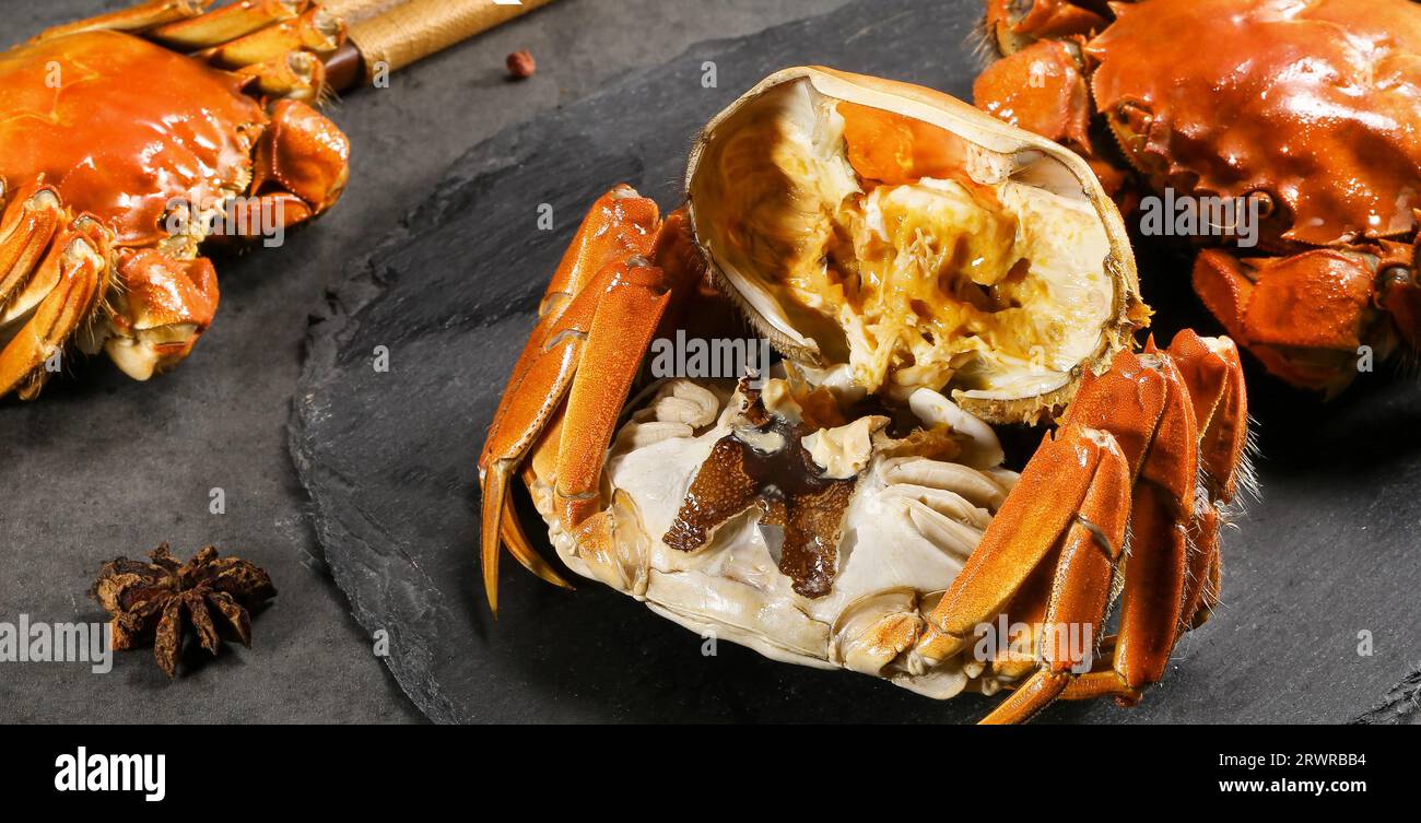 Dampfende haarige Krabben aus shanghai, chinesische Küche，Mitten Crab, haarige Krabben aus shanghai, Stockfoto