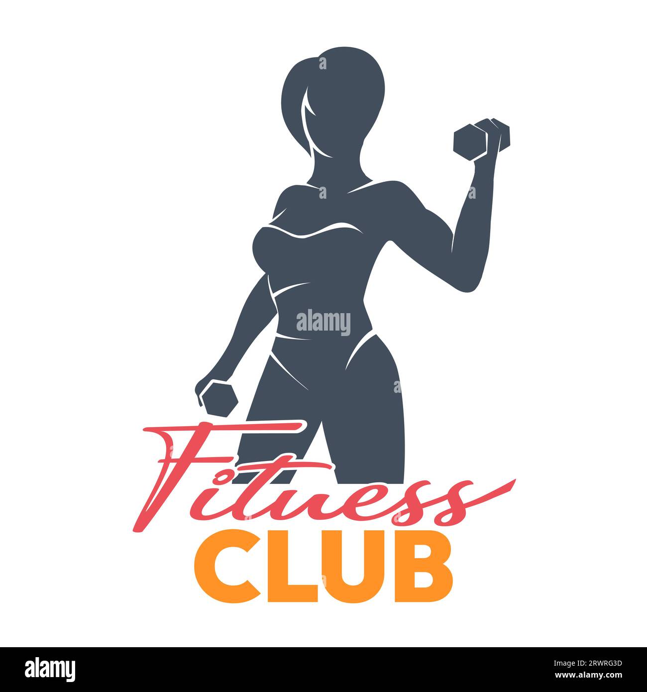 Logo oder Emblem des Fitnessclubs mit Frauensilhouette. Frau hält Kurzhanteln isoliert auf weißem Hintergrund. Vektorillustration Stock Vektor