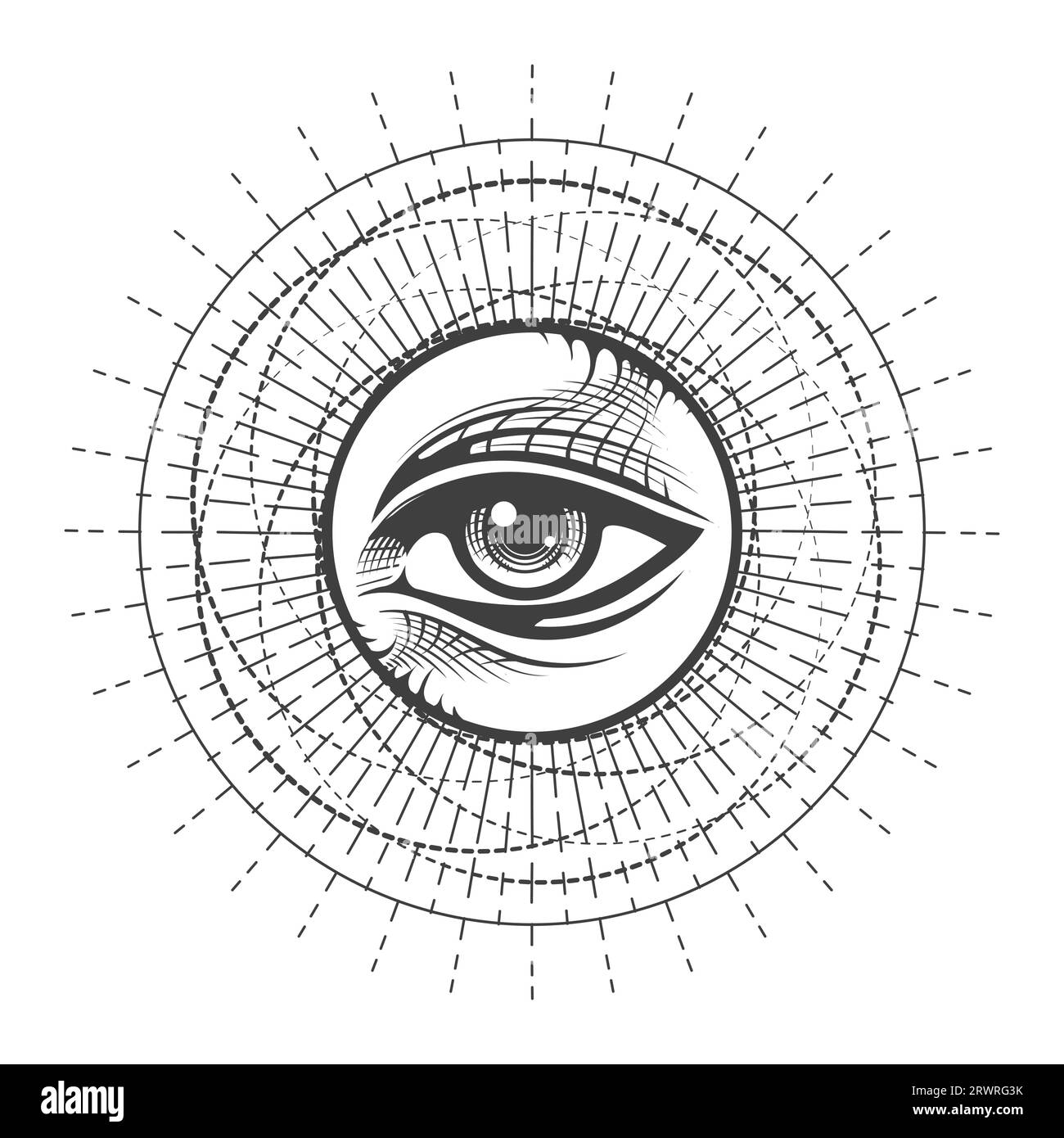 Freimaurer All Sehen Auge in Sonnenstrahlen Astrologie Sacred Symbol isoliert auf weiß. Vektorillustration Stock Vektor