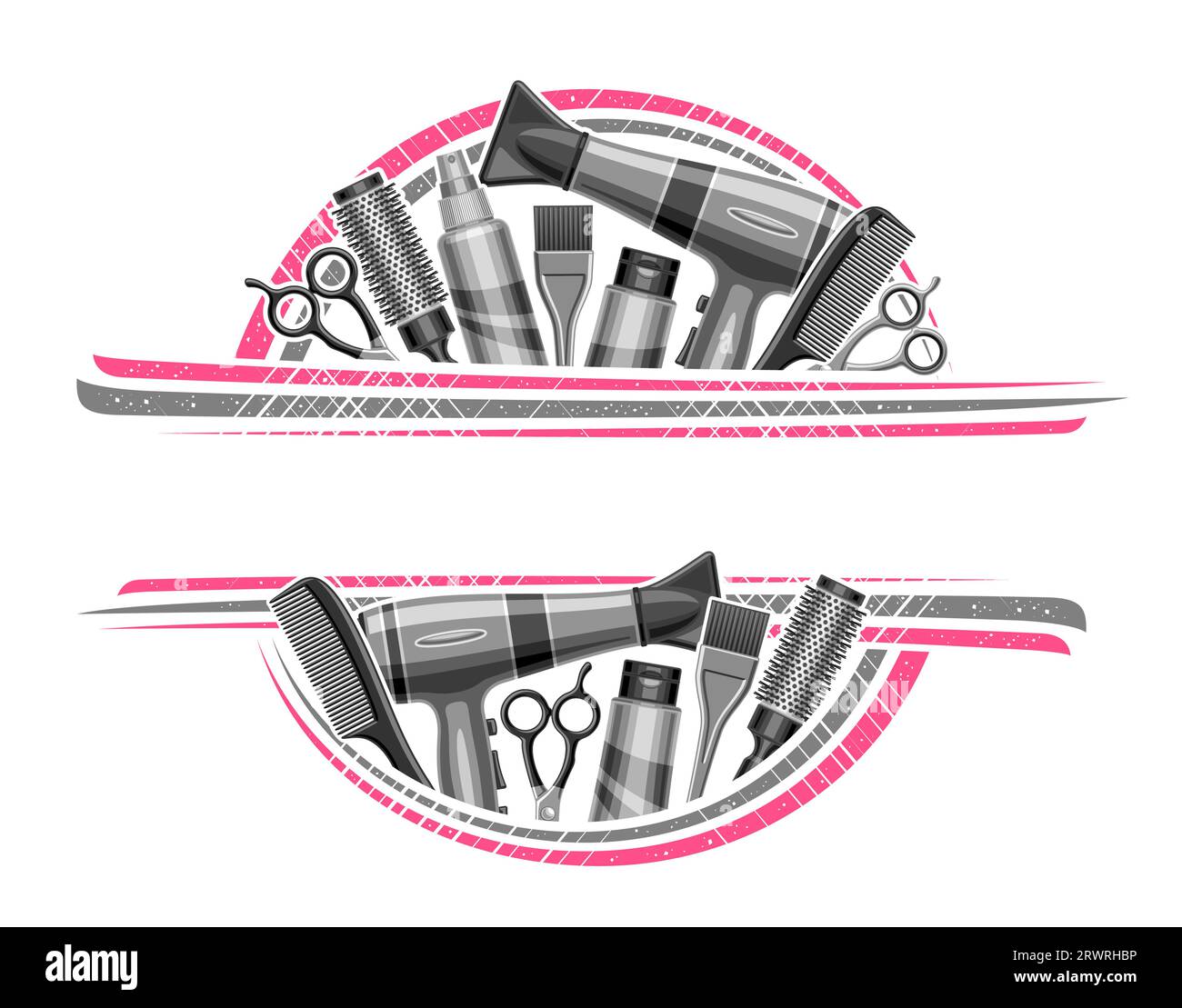 Vektorrahmen für Friseursalon mit leerem Kopierraum für Anzeigetext, dekorative Anschlagtafel mit Illustration der Haarstylistenausrüstung, graue Metallschönheit t Stock Vektor