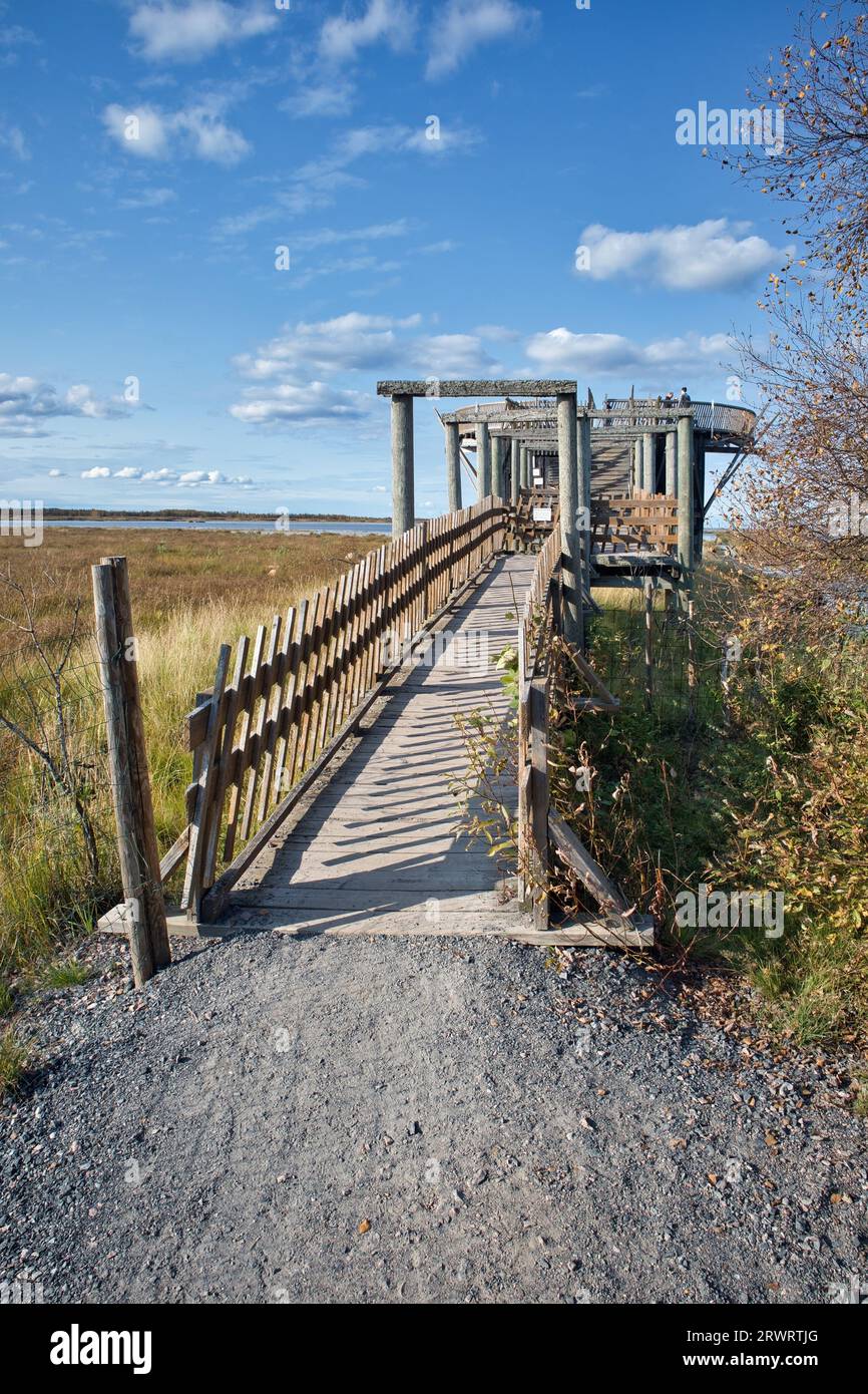 Aussichtsturm mit Vogelbeobachtung in der Liminka-Bucht, Finnland Stockfoto