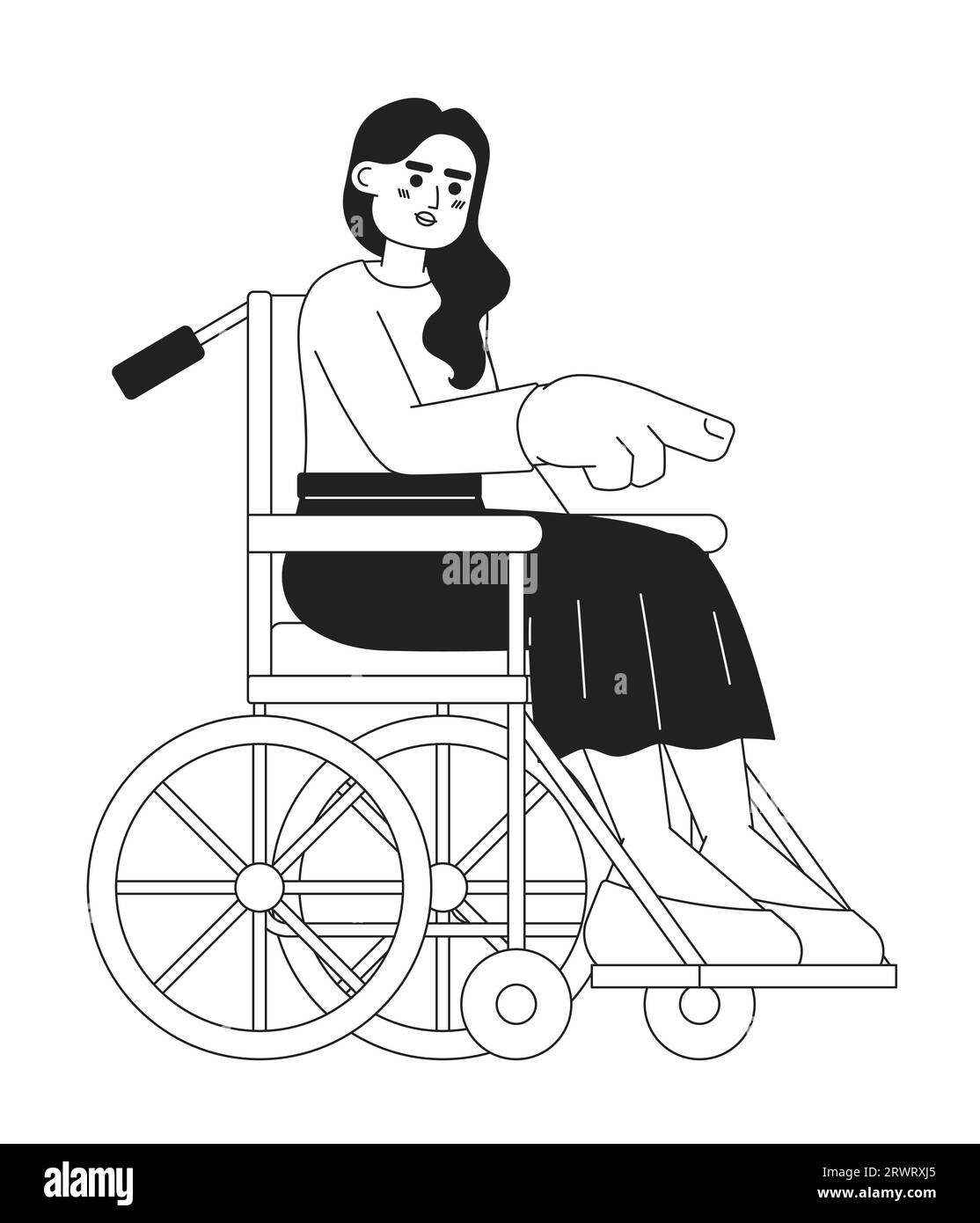 Rollstuhljunge Frau, die mit dem Finger auf eine schwarz-weiße 2D-Zeichentrickfigur zeigt Stock Vektor