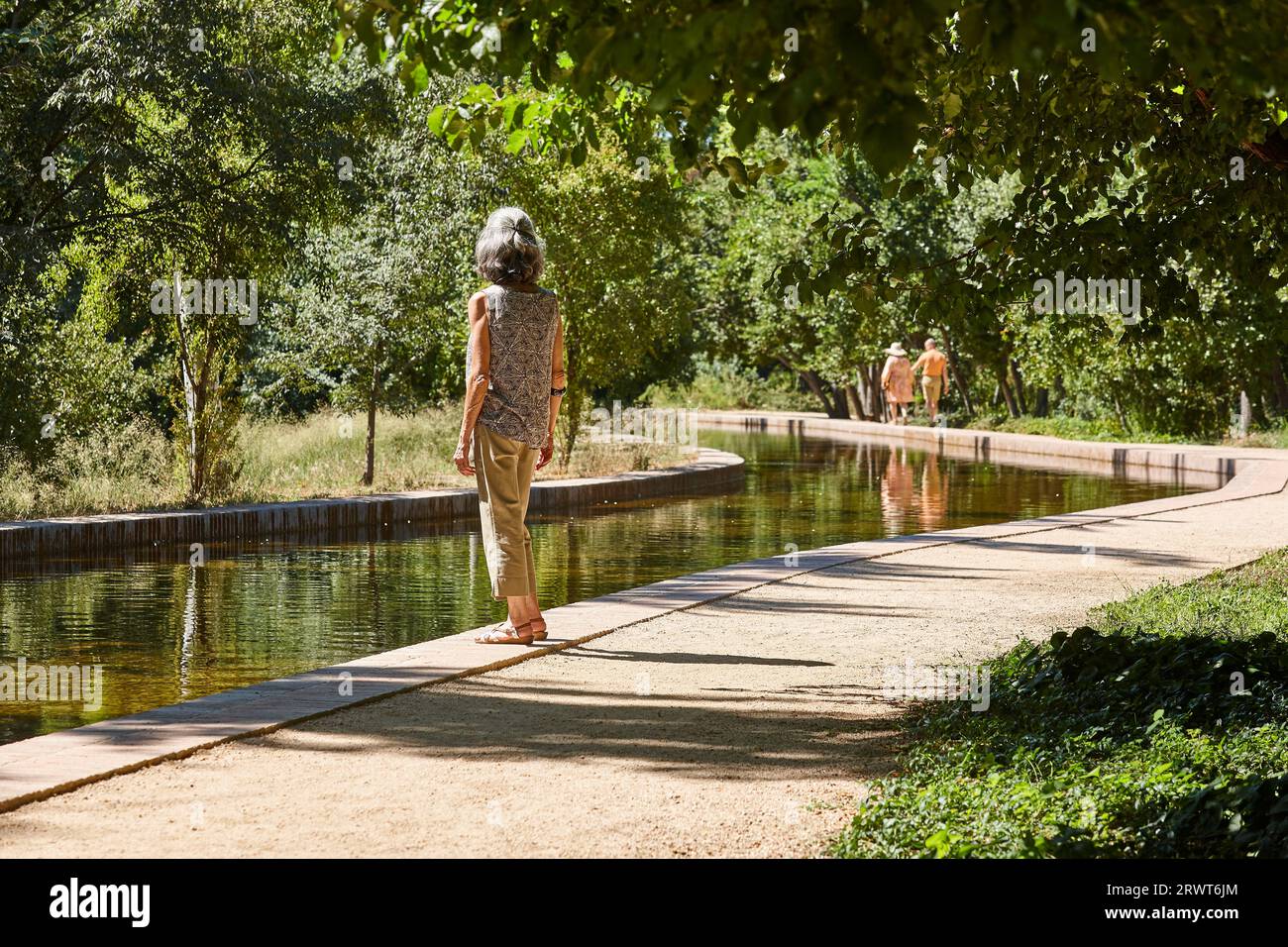 Historischer Vista Alegre Garten. Üppiges Laub. Teich. Madrid, Spanien Stockfoto