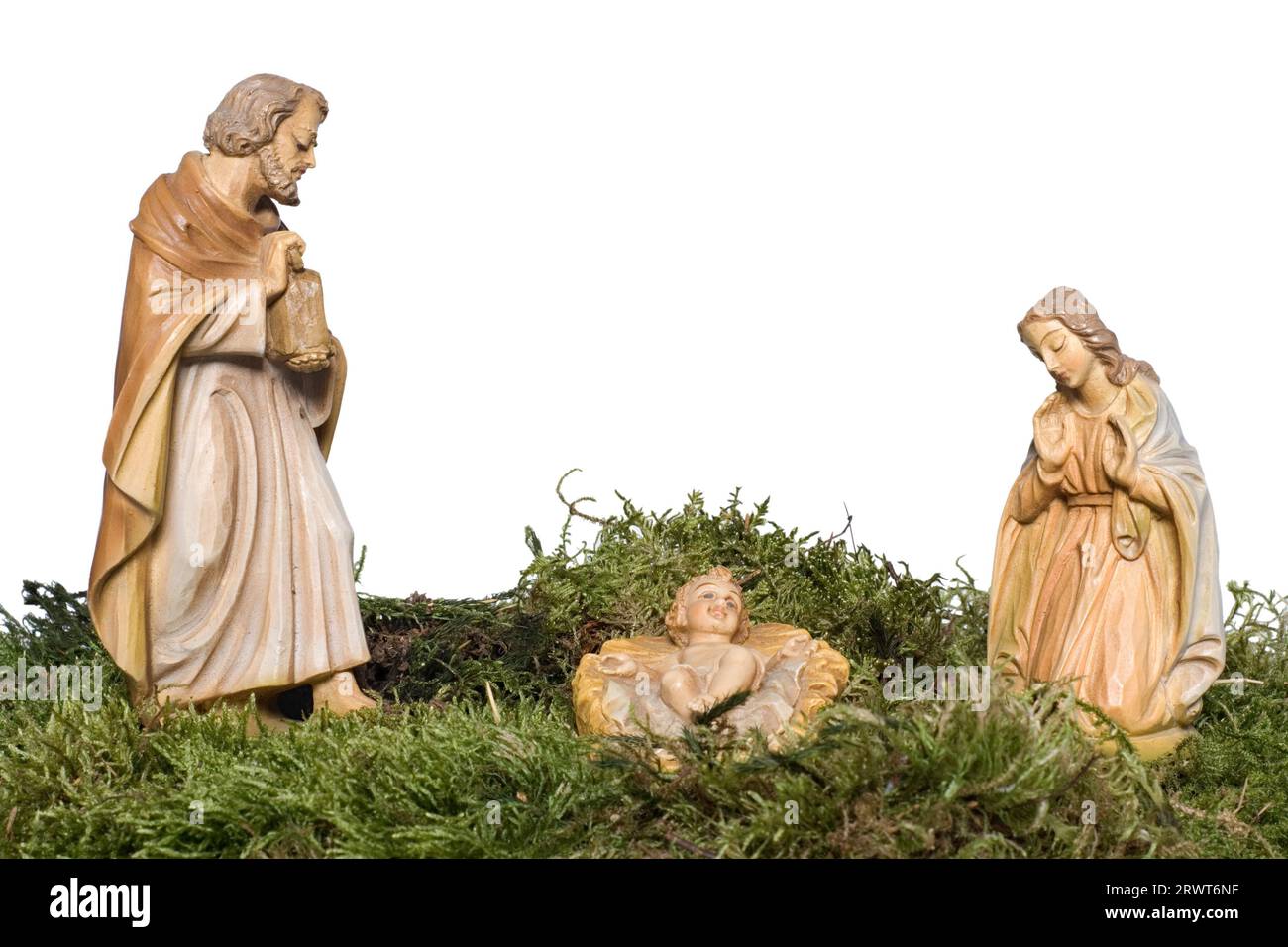 Weihnachtskrippe mit Jesus, Maria, Joseph auf Moos Weihnachtskrippe mit Jesus Maria, Joseph Stockfoto