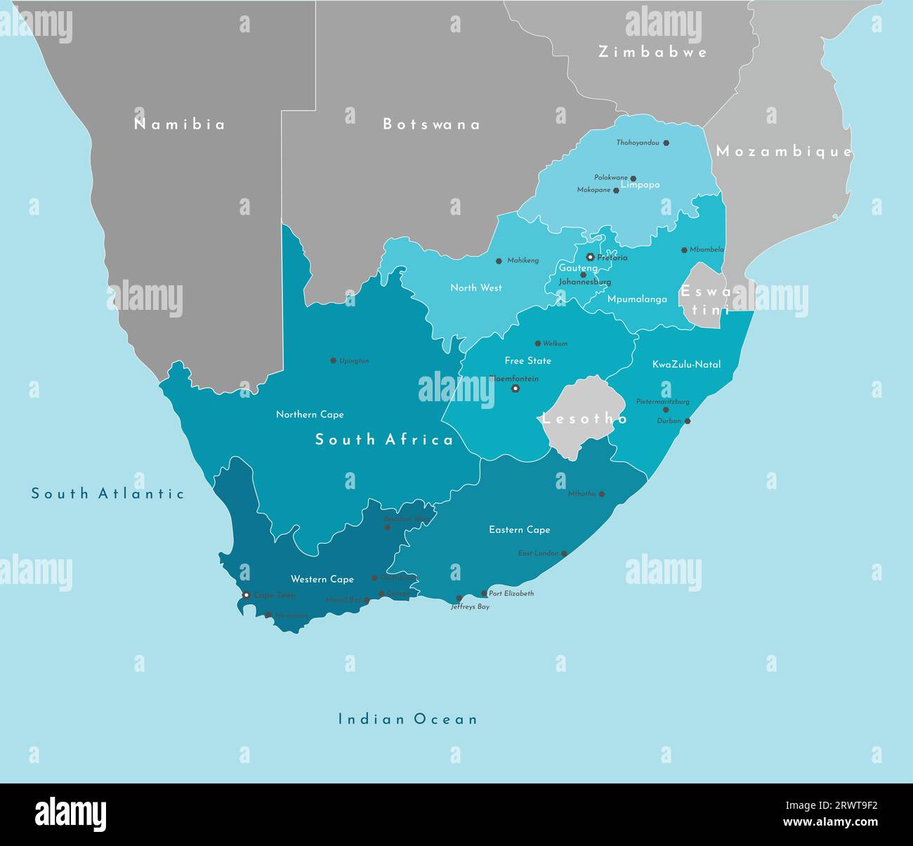 Vector Modern Illustration. Vereinfachte geographische Karte der Republik Südafrika und Grenzen zu benachbarten Ländern. Blauer Hintergrund des Indianers Stock Vektor