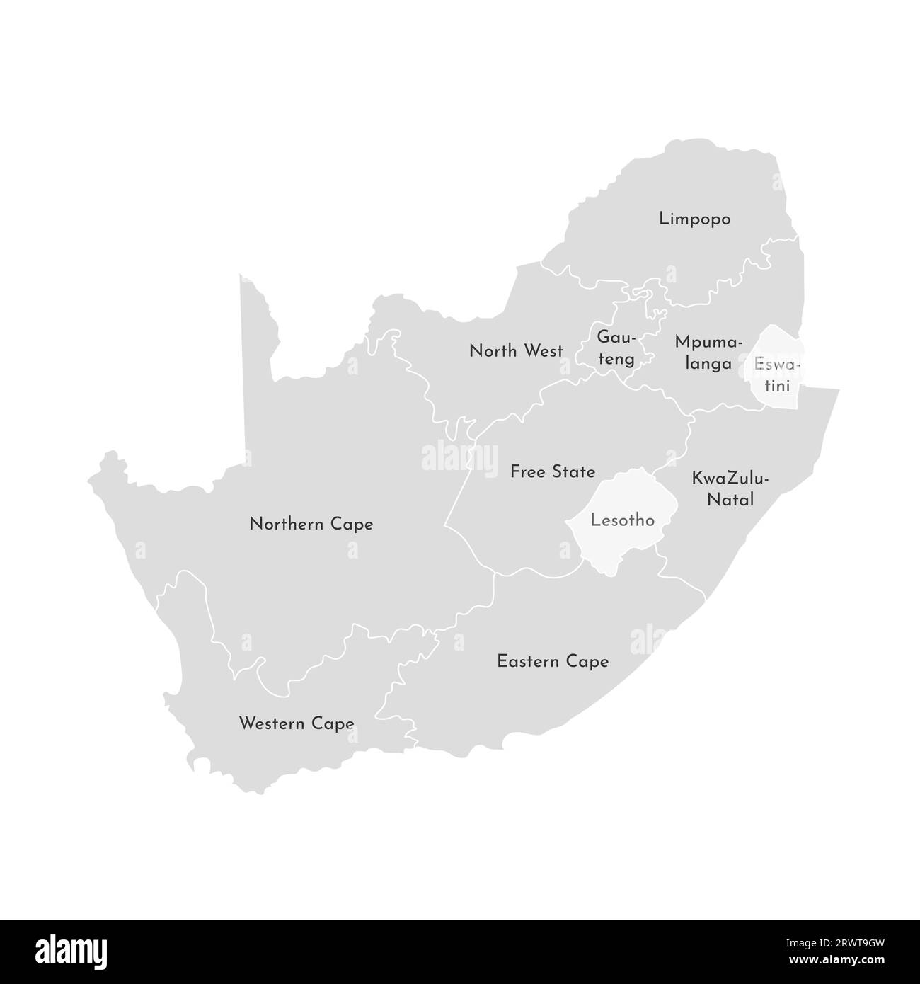Vektorisolierte Darstellung einer vereinfachten Verwaltungskarte Südafrikas. Grenzen und Namen der Provinzen (Regionen). Graue Silhouetten. Weiß o Stock Vektor