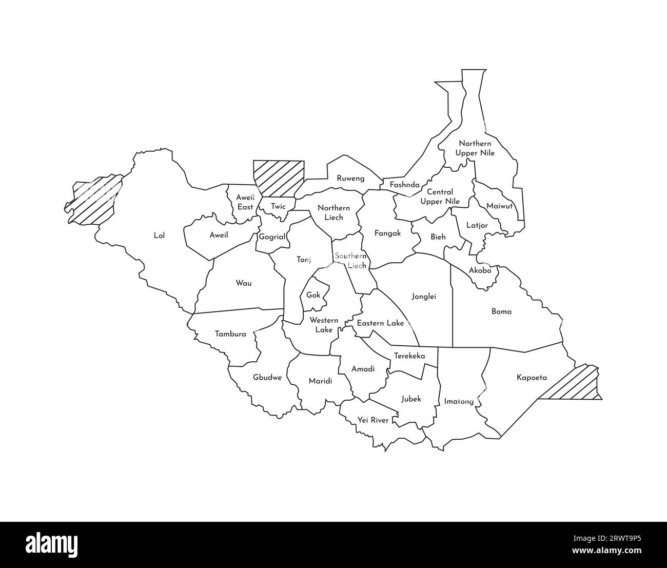 Vektorisolierte Darstellung einer vereinfachten Verwaltungskarte des Südsudan. Grenzen und Namen der staaten (Regionen). Silhouetten mit schwarzen Linien. Stock Vektor