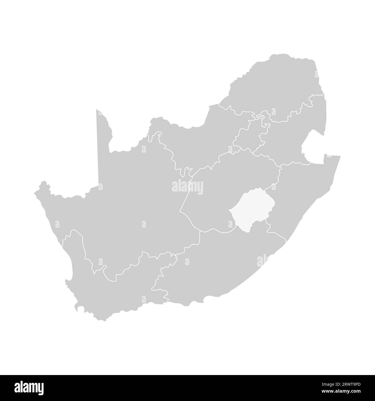 Vektorisolierte Darstellung einer vereinfachten Verwaltungskarte Südafrikas. Grenzen der Provinzen (Regionen). Graue Silhouetten. Weiße Umrandung. Stock Vektor