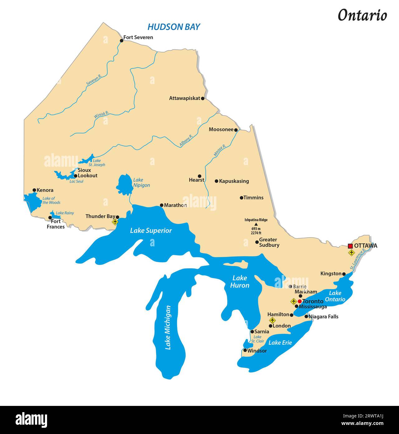 Einfache Vektorkarte von Ontario, Kanada Stockfoto