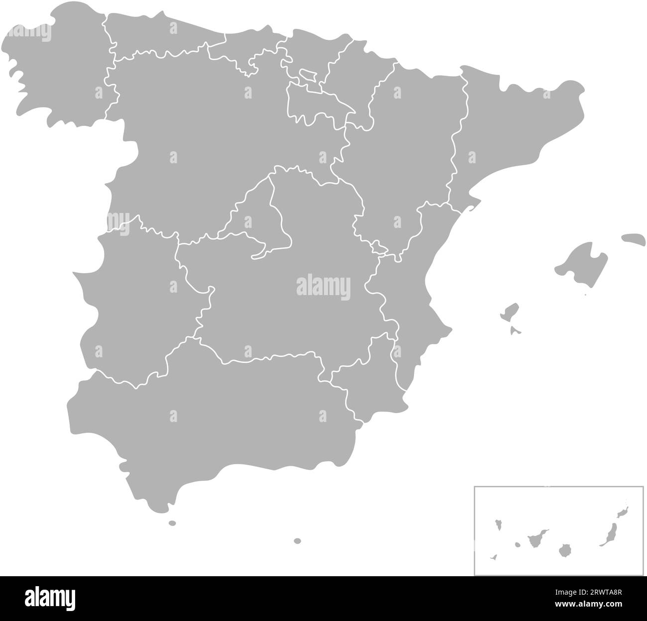 Vektorisolierte Darstellung einer vereinfachten Verwaltungskarte Spaniens. Grenzen der Grafschaften. Graue Silhouetten. Weißer Umriss und Hintergrund Stock Vektor