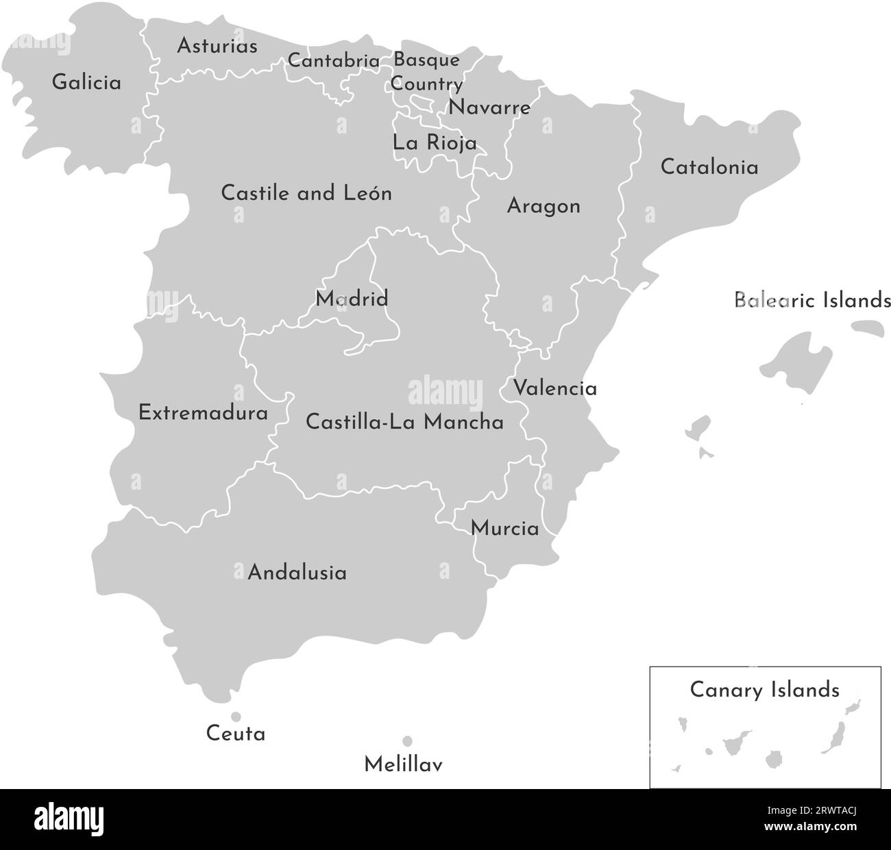 Vektorisolierte Darstellung einer vereinfachten Verwaltungskarte Spaniens. Grenzen und Namen der Bezirke. Graue Silhouetten. Weißer Umriss und Backgro Stock Vektor