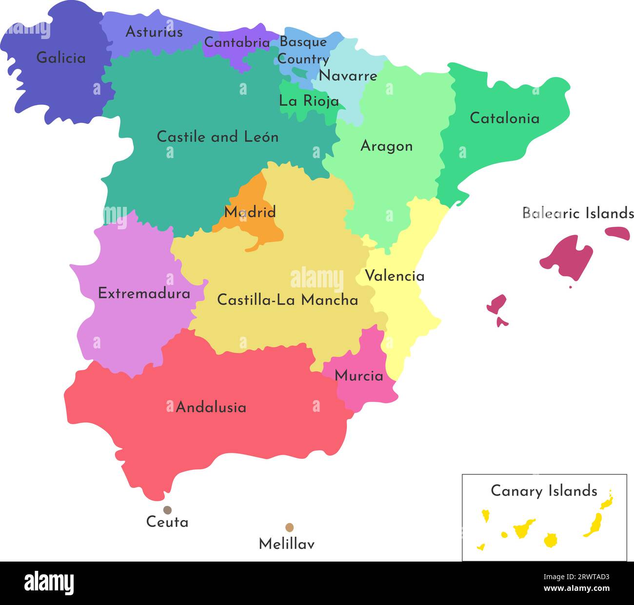 Vektorisolierte Darstellung einer vereinfachten Verwaltungskarte Spaniens. Grenzen der Grafschaften und Namen. Farbenfrohe Silhouetten. Weißer Hintergrund Stock Vektor